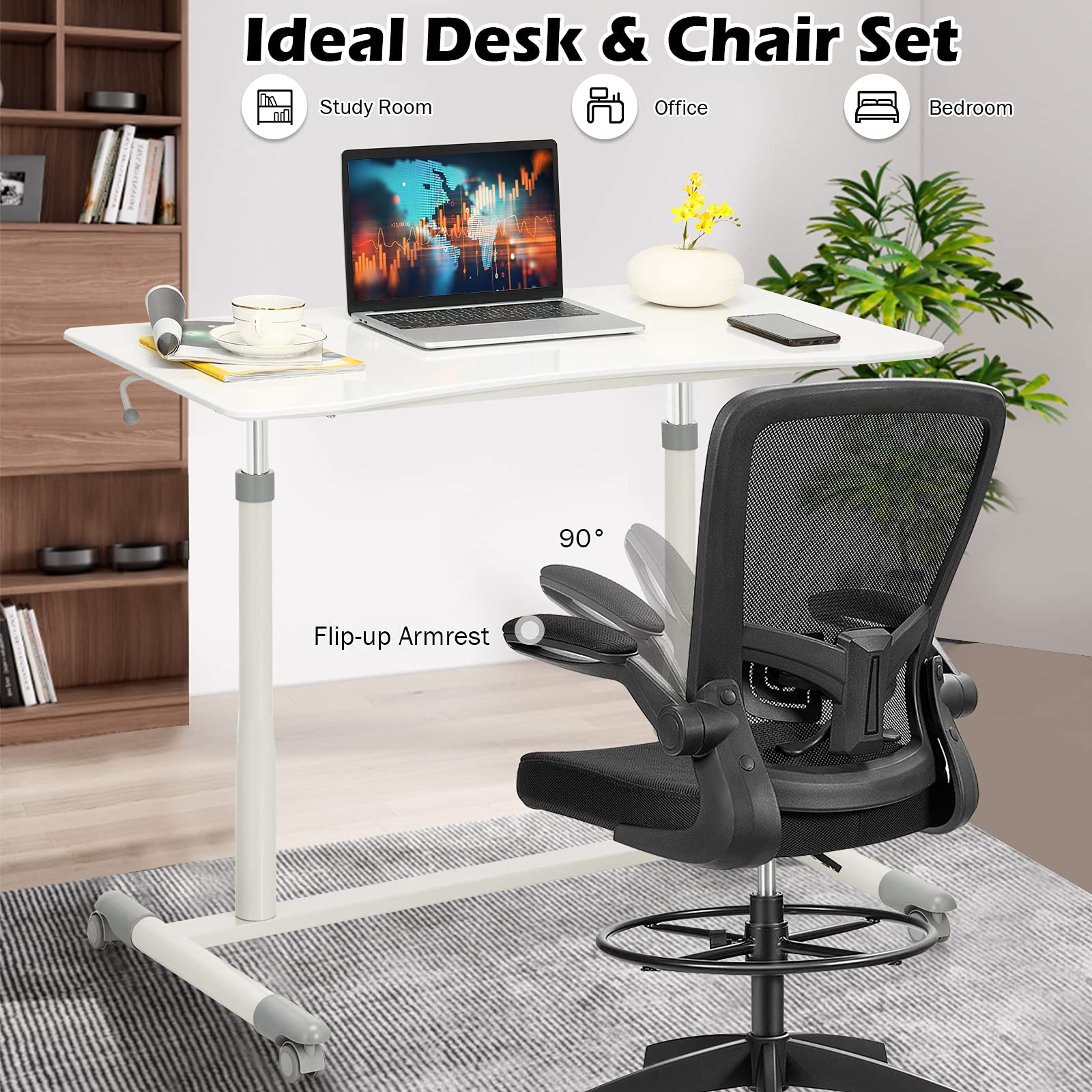 Tangkula Adjustable Height Home Office Desk & Ergonomic Chair Set with Wheels & Lumbar Support - White Computer Desk for Working, Studying, Gaming - Perfect for Small Spaces & Remote Work Setup