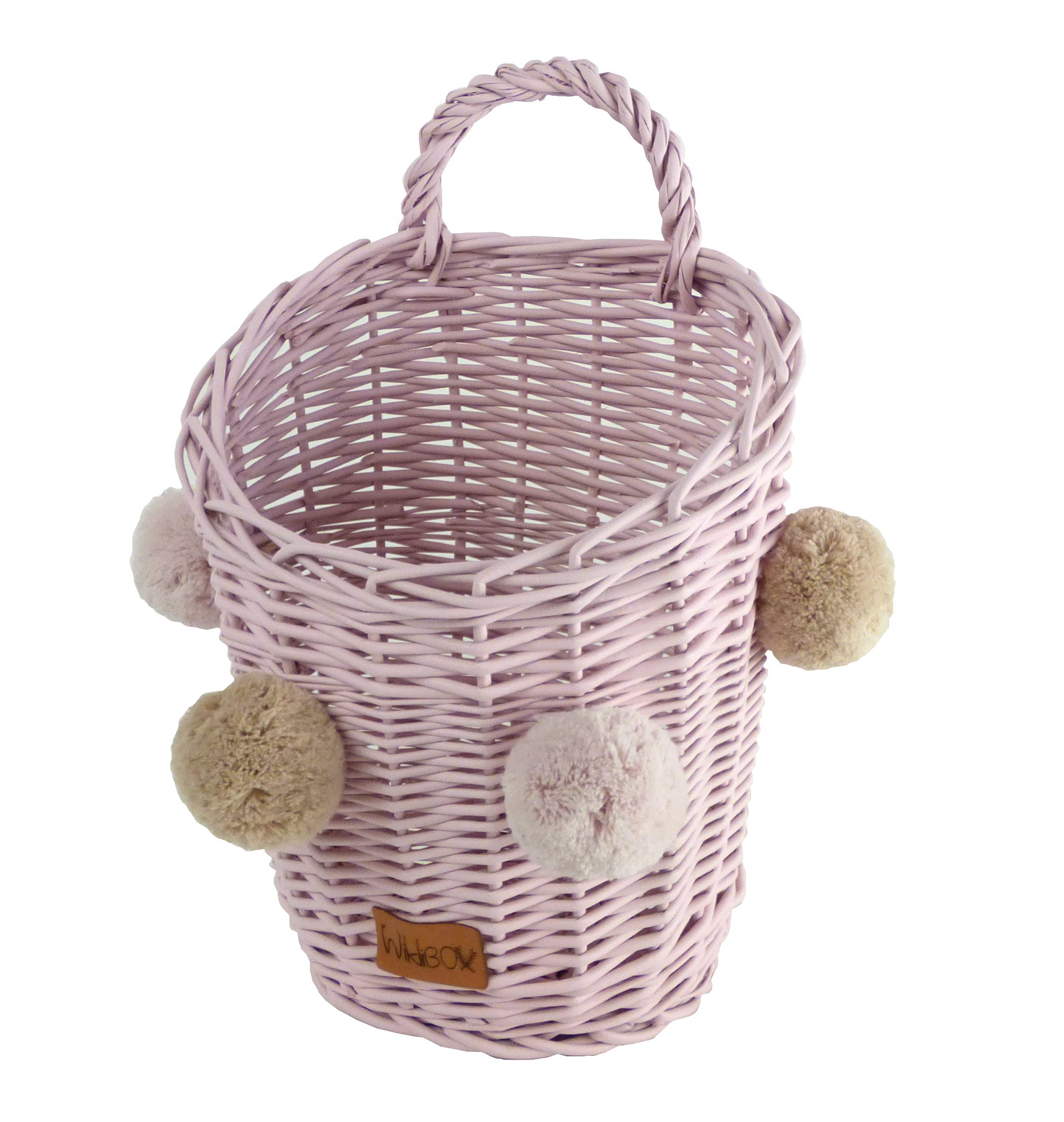 Handmade European Rattan Hanging Wall Basket with Pompoms - Decorative Wicker Storage for Nursery, Kitchen & Bathroom - Pink Boho Wall Decor for Baby Room, Farmhouse Style Home Organization