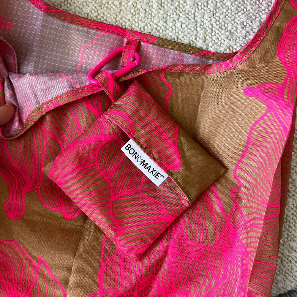 Eco-Friendly Reusable Shopping Bags - 2 Pack with Neon Pink & Tan Floral Designs - Perfect for Groceries, Beach Trips & Farmers Markets