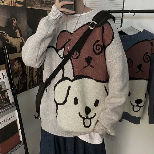 Men's Cartoon Bear Knit Sweater - Winter Warm Long Sleeve Pullover for Casual Wear | Cozy Loose Fit Fashion Top for Autumn & Winter Outfits