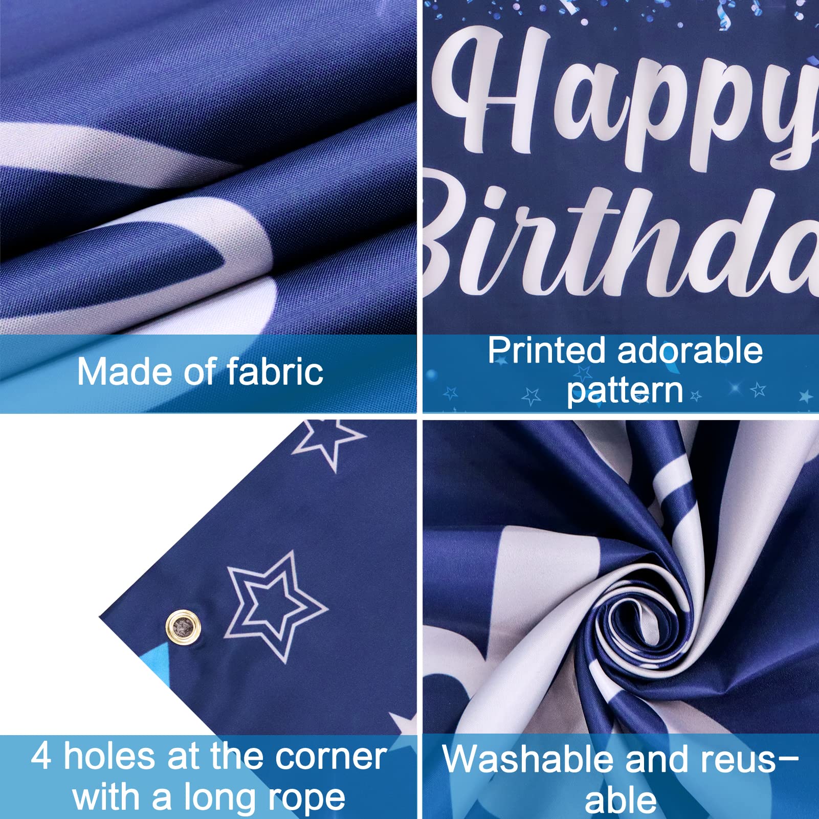 Blue and Silver Happy Birthday Banner Backdrop - Party Decorations for Men, Women, Kids - Indoor/Outdoor Photo Background - Perfect for Birthday Parties, Celebrations & Gift Giving