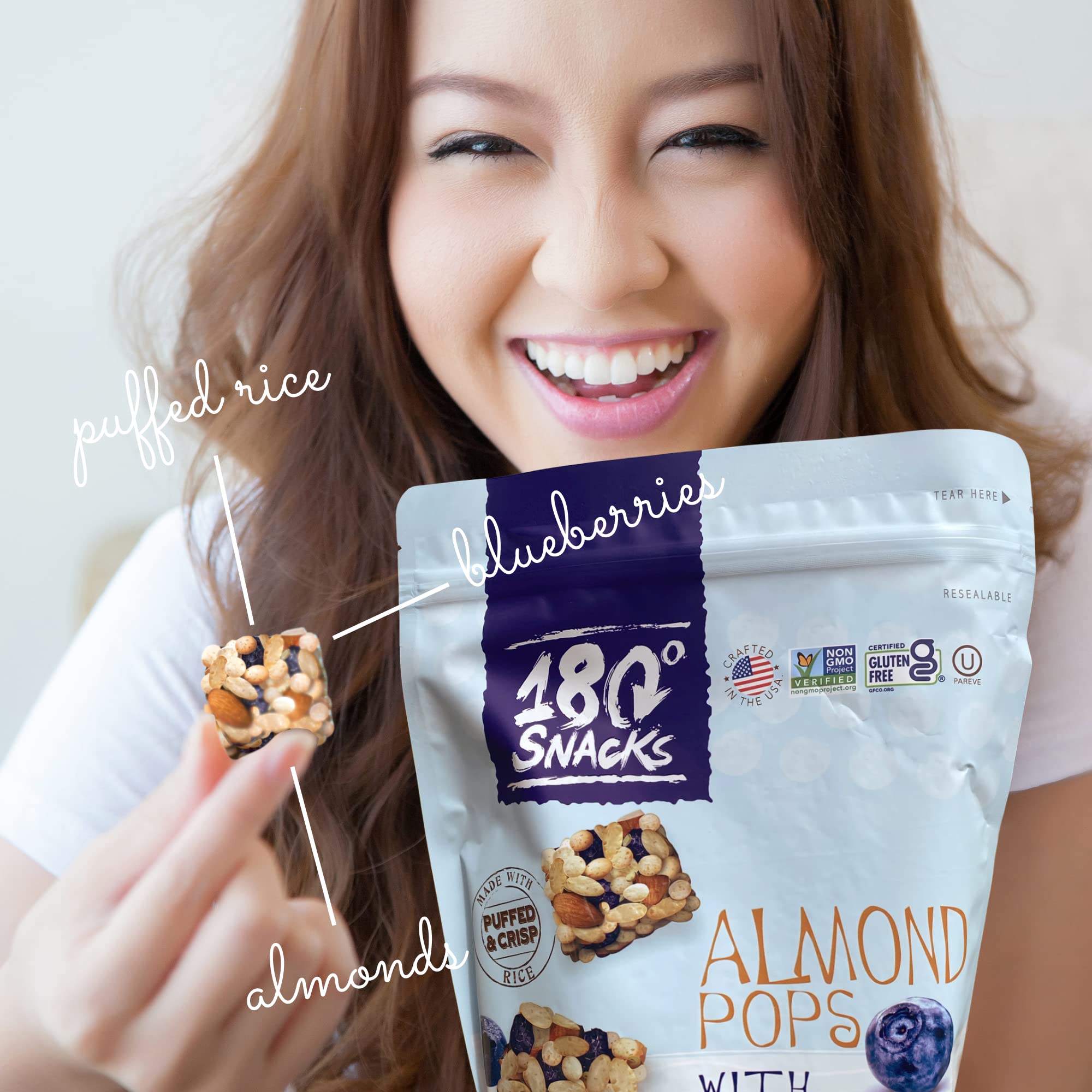 180 Snacks Almond Rice Pops with Blueberries - Healthy Bite-Size Snacks for Kids & Adults - Non-GMO, Gluten-Free, Dairy-Free - Perfect for School Lunches, Office Snacks & On-the-Go Nutrition - 15oz