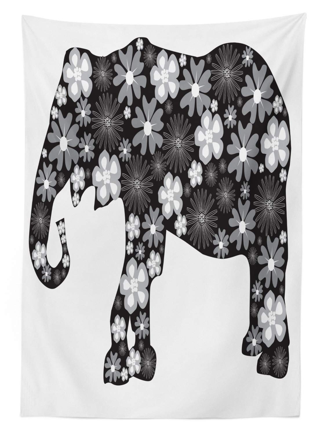 Ambesonne Animal Print Outdoor Tablecloth - Floral Elephant Design with Flower Petals, Tropical Boho Style Washable Picnic Table Cover, 58x120 Inches, Grey & White - Perfect for Zoo Themed Parties, Garden Dining, and Outdoor Picnics
