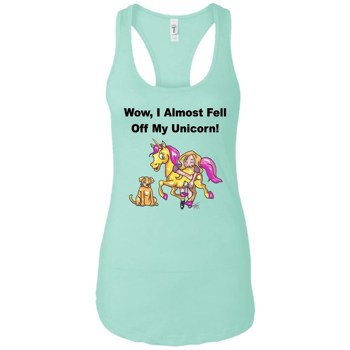 Wow I Almost Fell Off My Unicorn Racerback Tank Top - Funny Sarcastic Women's Graphic Tee - Soft Comfortable Workout & Lounge Wear - Perfect for Gym, Yoga & Casual Outfits