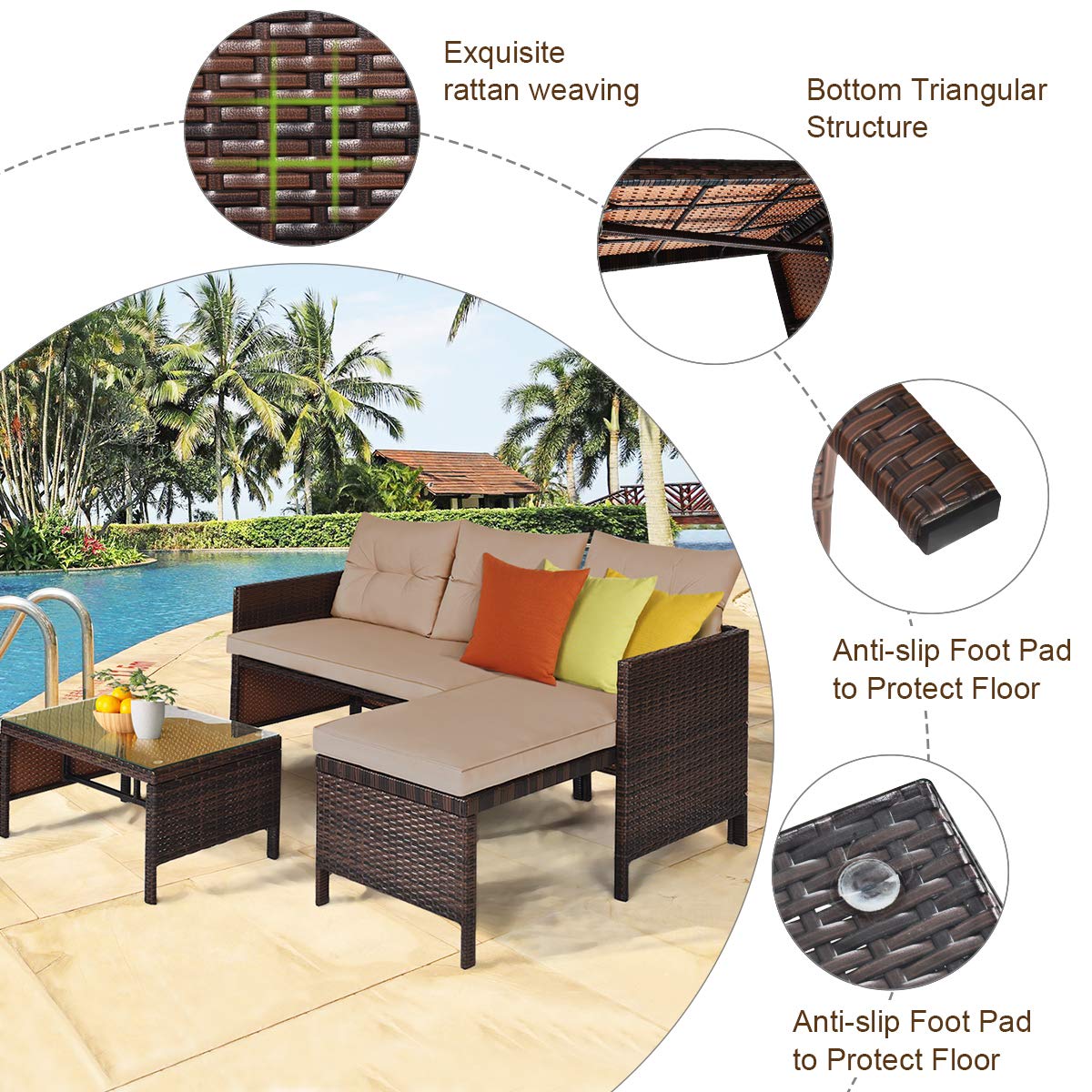 HAPPYGRILL 3-Piece Outdoor Rattan Sectional Sofa Set with Steel Frame & Cushions - Waterproof Wicker Patio Furniture for Garden, Poolside, Backyard, Lawn - Perfect for Relaxing, Entertaining & Outdoor Lounging