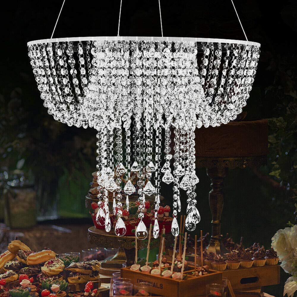 Elegant Crystal Chandelier Cake Stand with Pendants & Beads - Acrylic Wedding Cake Holder for Birthday Parties, Events & Cupcake Displays - Perfect for Romantic Weddings, Anniversary Celebrations & Dessert Tables