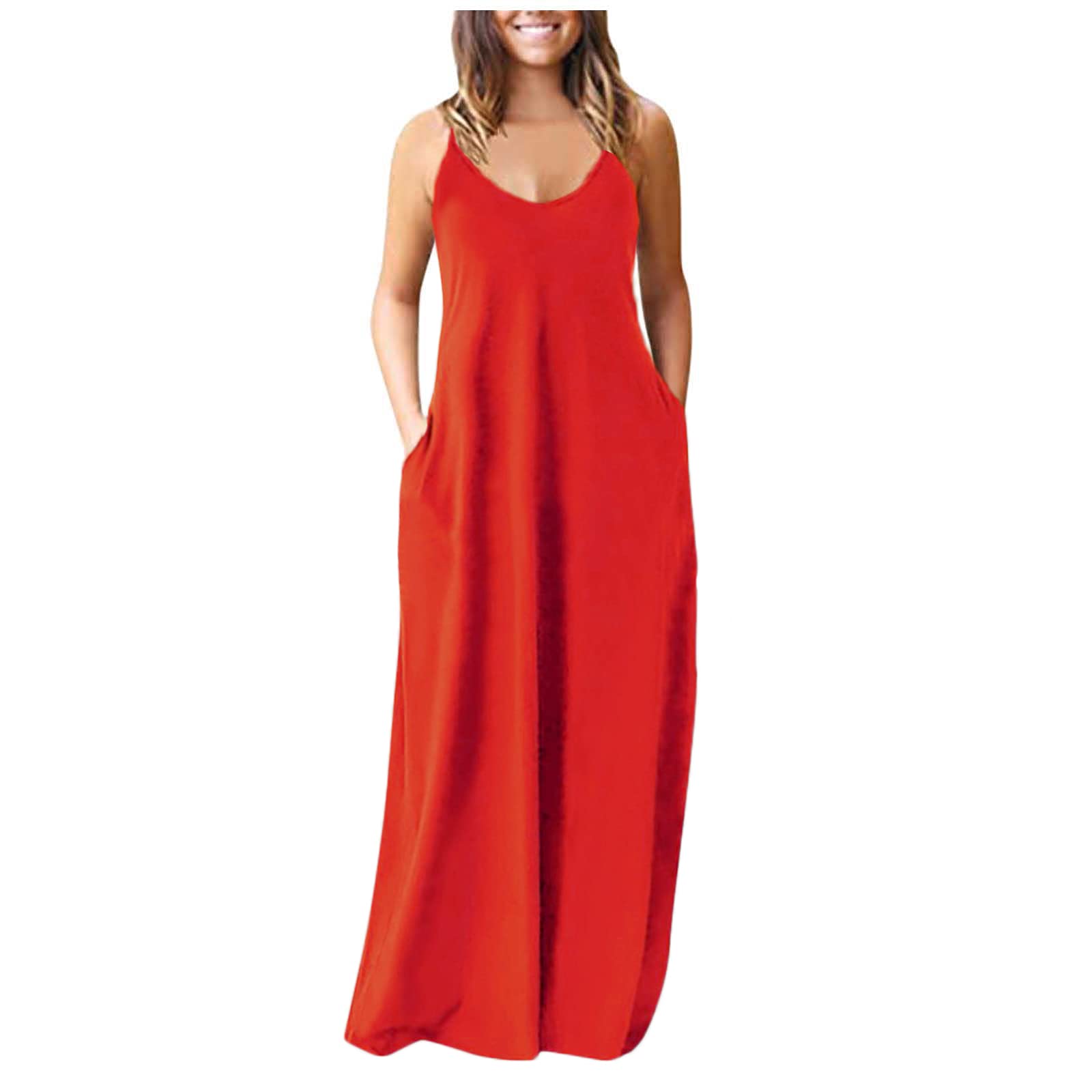 Kaideny Women's Casual Maxi Dress - Plain V Neck Sleeveless Plus Size Cami Dress with Pockets | Perfect for Summer, Beach, Vacation & Everyday Wear