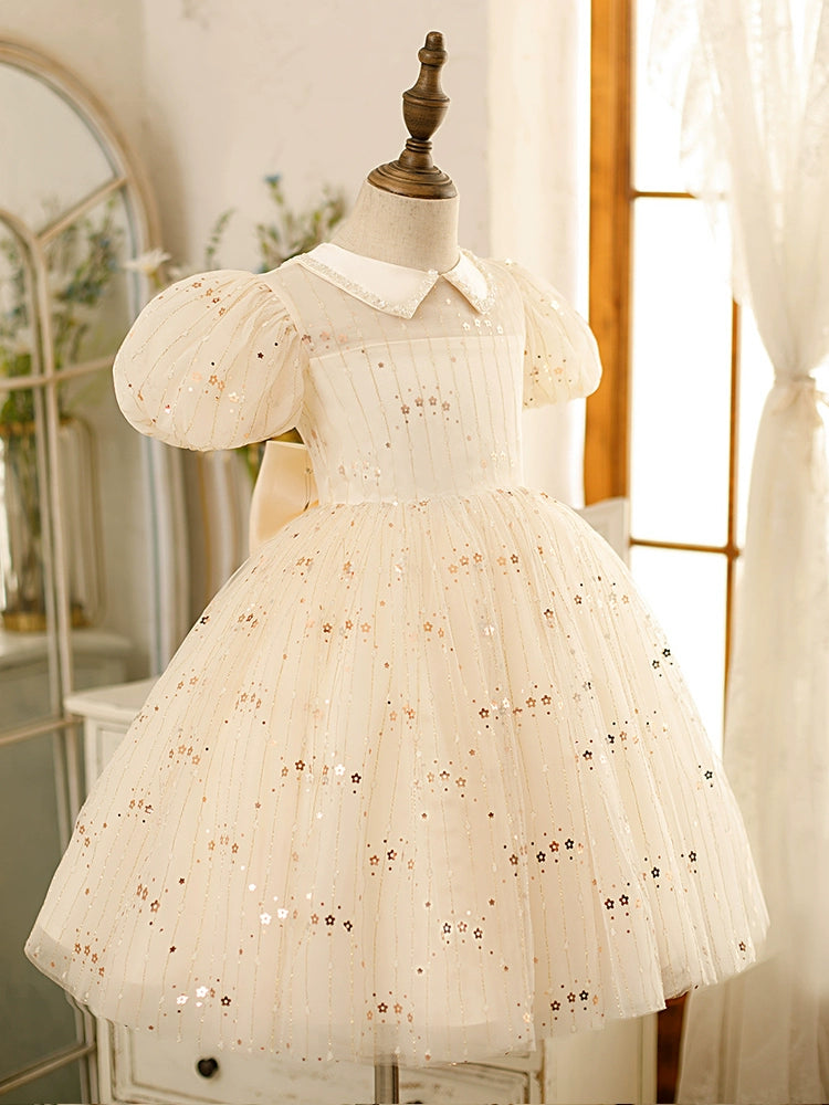 White Princess Collar Tea-Length Tulle Flower Girl Dress for Weddings & Special Occasions