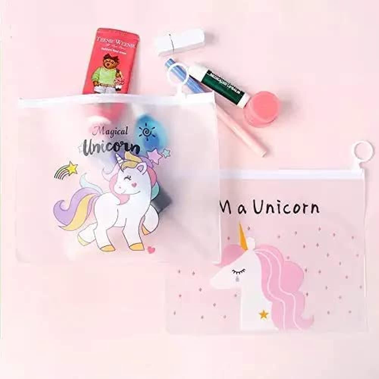 BREEPREE (Pack of 4) Transparent Unicorn Print Pencil Case - Waterproof Zippered Pouch for School Supplies, Makeup Organizer, Travel Accessories - Perfect Gift for Kids, Boys & Girls - Ideal for Backpack, Office & Travel Organization