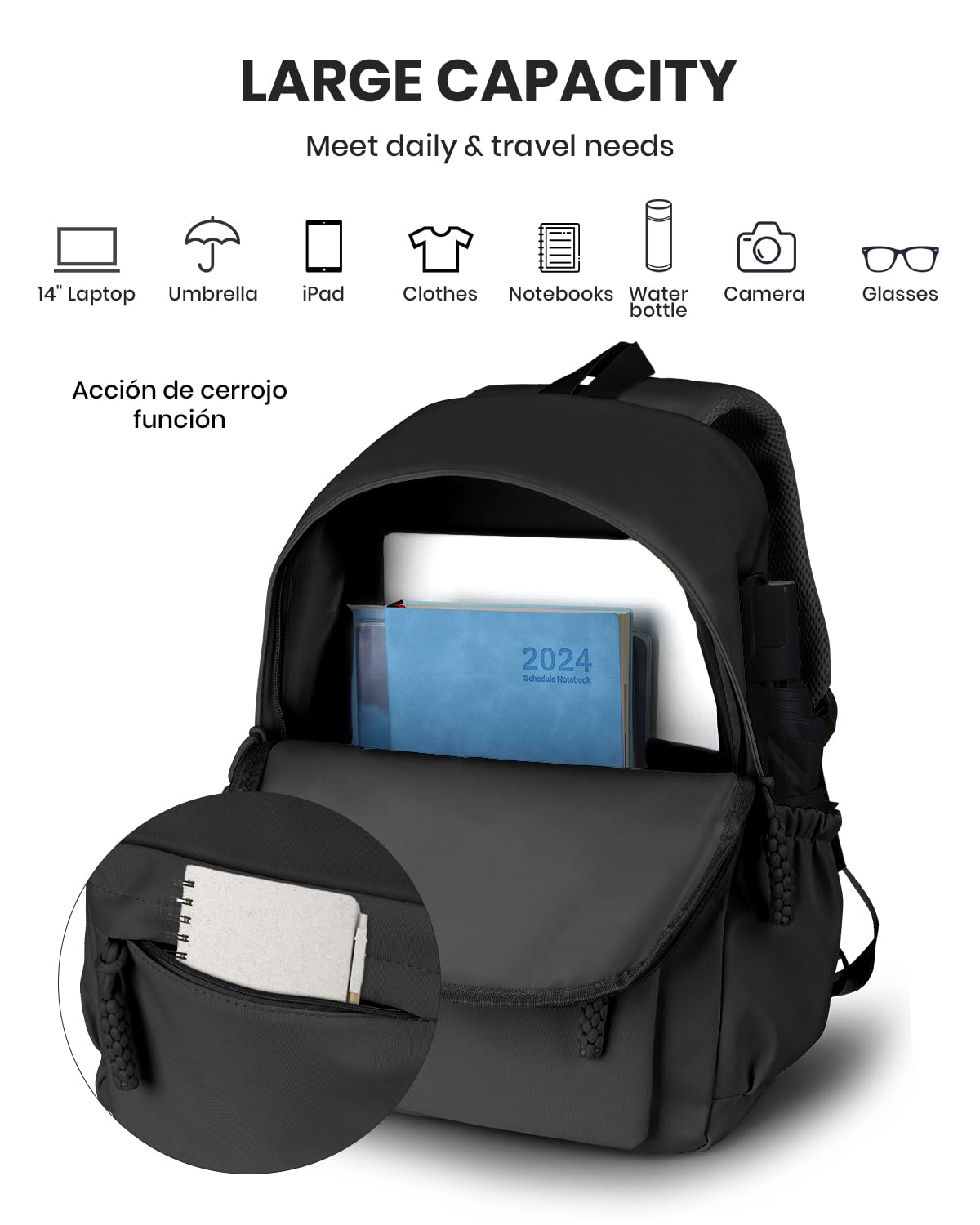 Stylish Black Casual Backpack for Women - 14 Inch Laptop Backpack with USB Charging Port, College Bookbag, Lightweight Travel Daypack - Perfect for School, Work, Commuting & Weekend Getaways