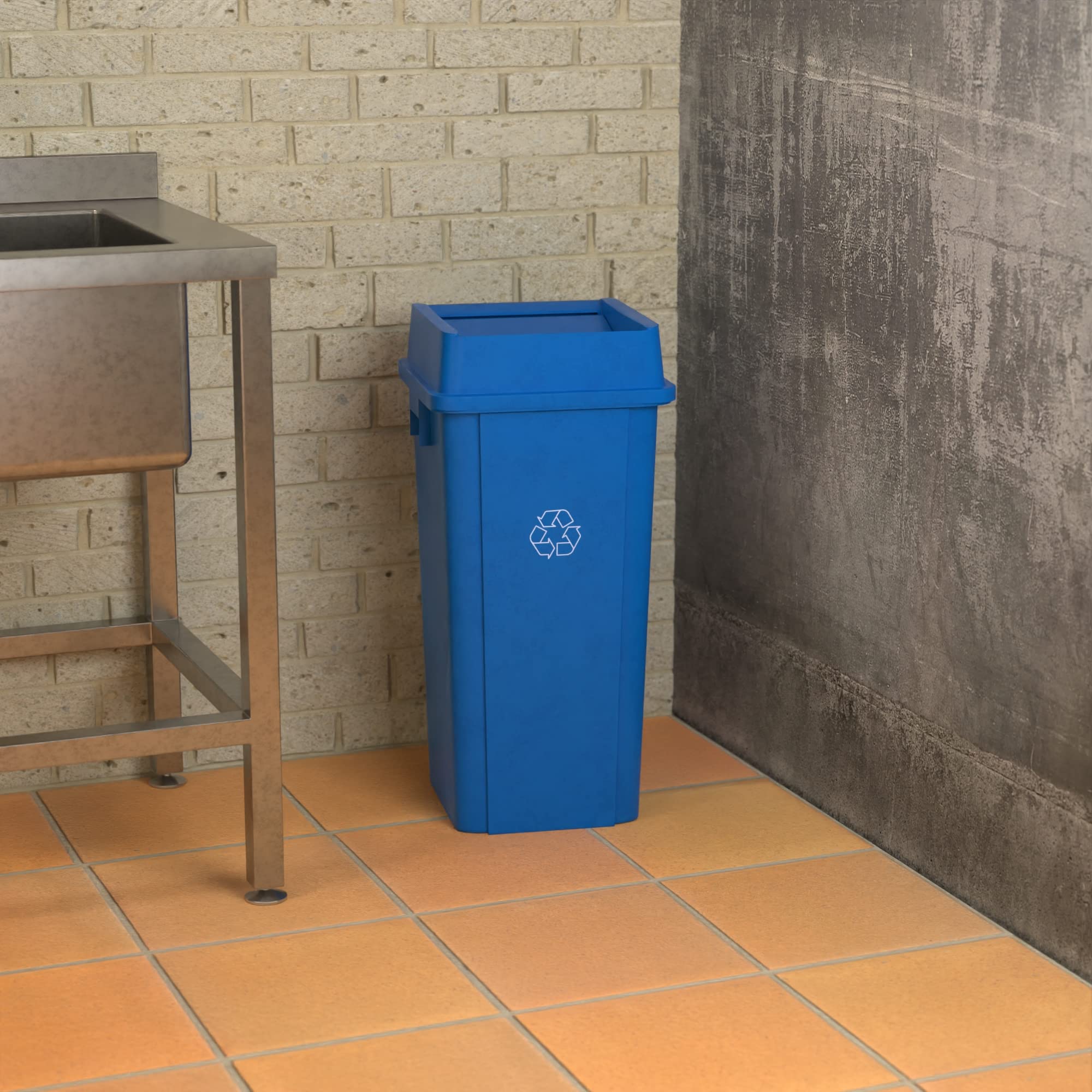 23 Gallon Blue Square Commercial Trash Can with Lid - Heavy Duty Waste Bin for Office, Restaurant, and Outdoor Use