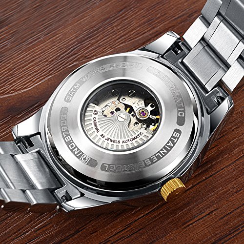MASTOP Men's Automatic Skeleton Watch with Crystal Dial - Stainless Steel Two-Tone Mechanical Watch for Business, Casual & Formal Wear | Water Resistant & Durable