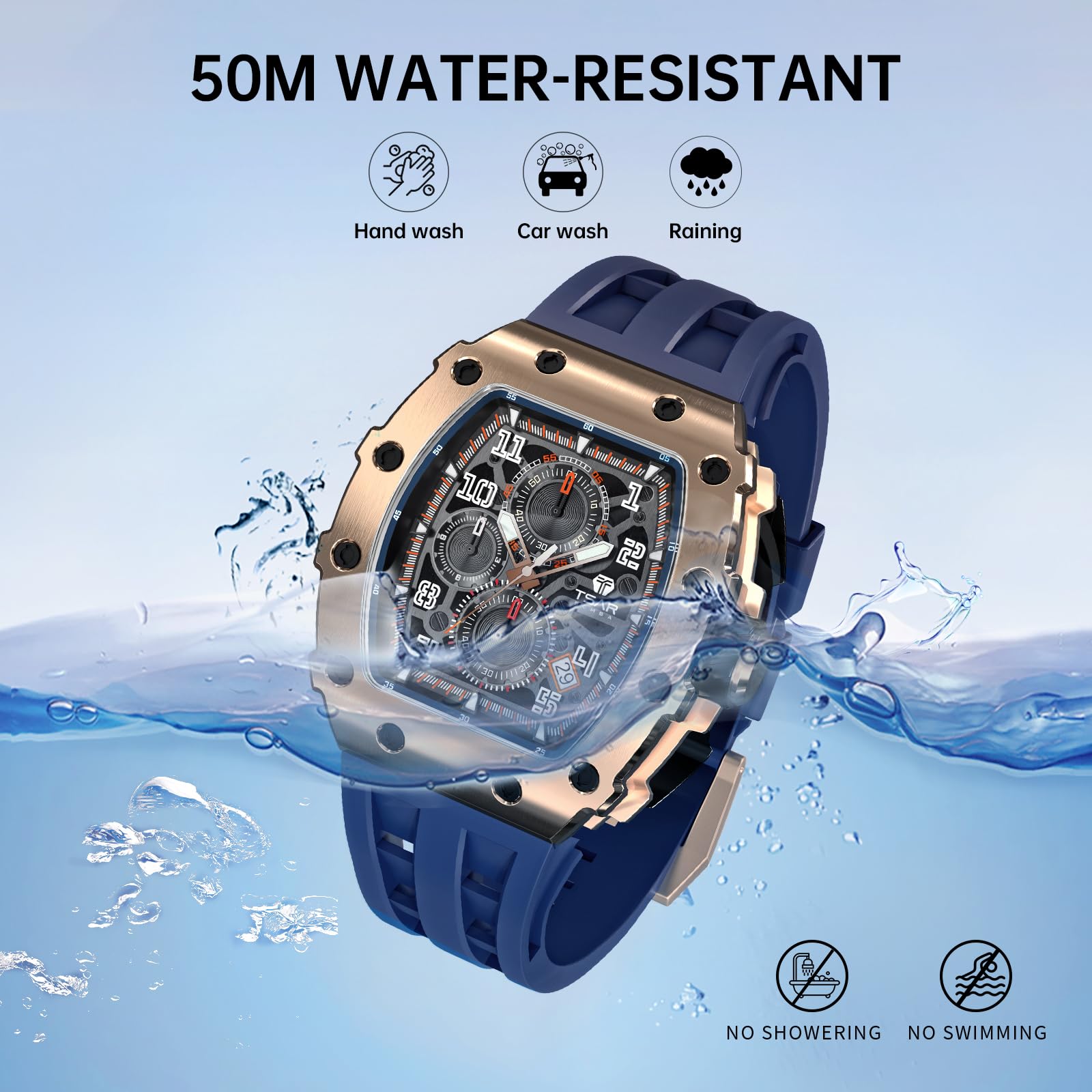 TSAR BOMBA Luxury Men's Watch - 50M Waterproof Tonneau Chronograph with Japanese Quartz Movement & Silicone Band - Perfect for Business, Casual Wear & Gifts for Men