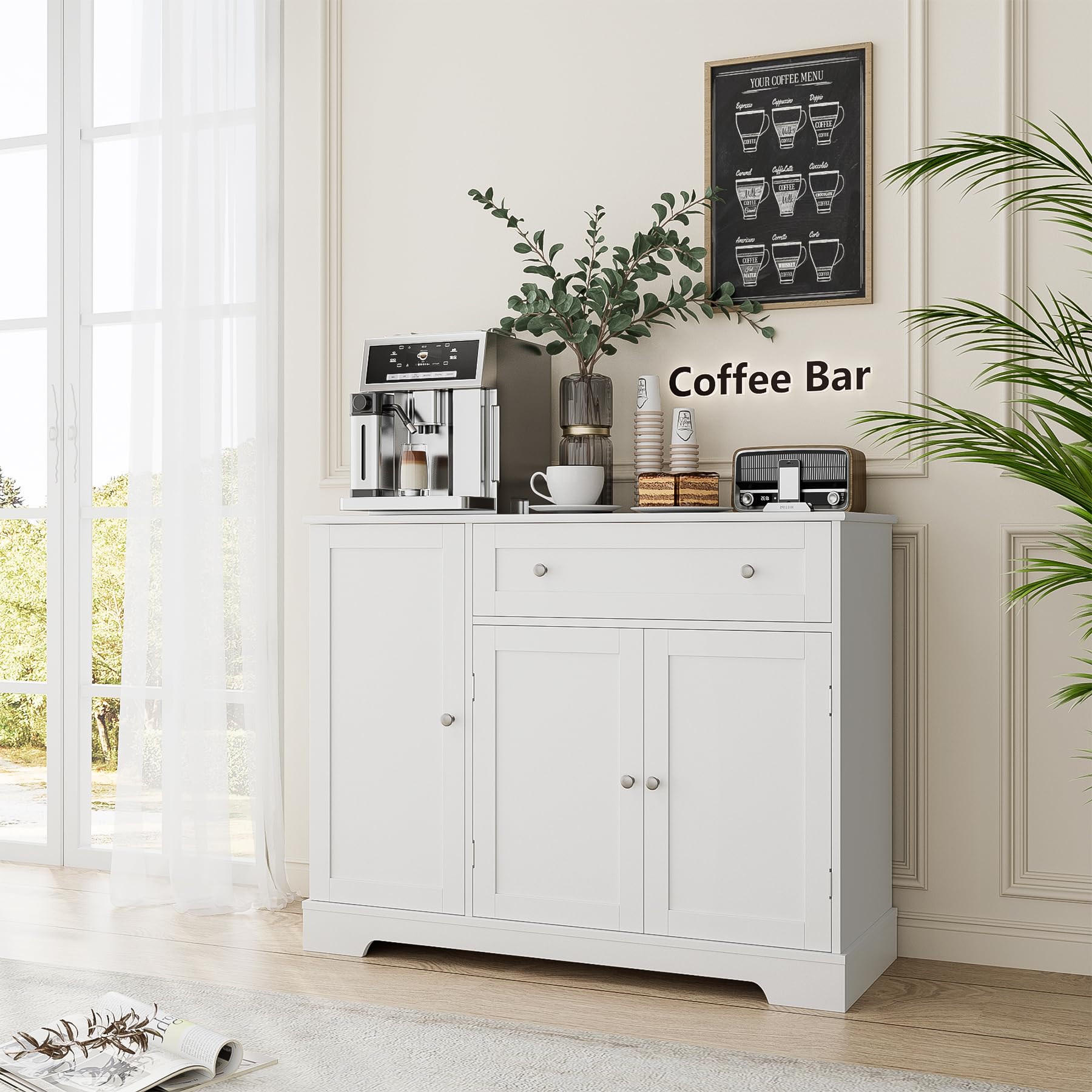 Modern White Buffet Cabinet with Storage - Wooden Sideboard with Doors, Drawers & Adjustable Shelves for Kitchen, Dining & Living Room | Perfect for Coffee Bar Setup, Home Organization & Entertaining Guests