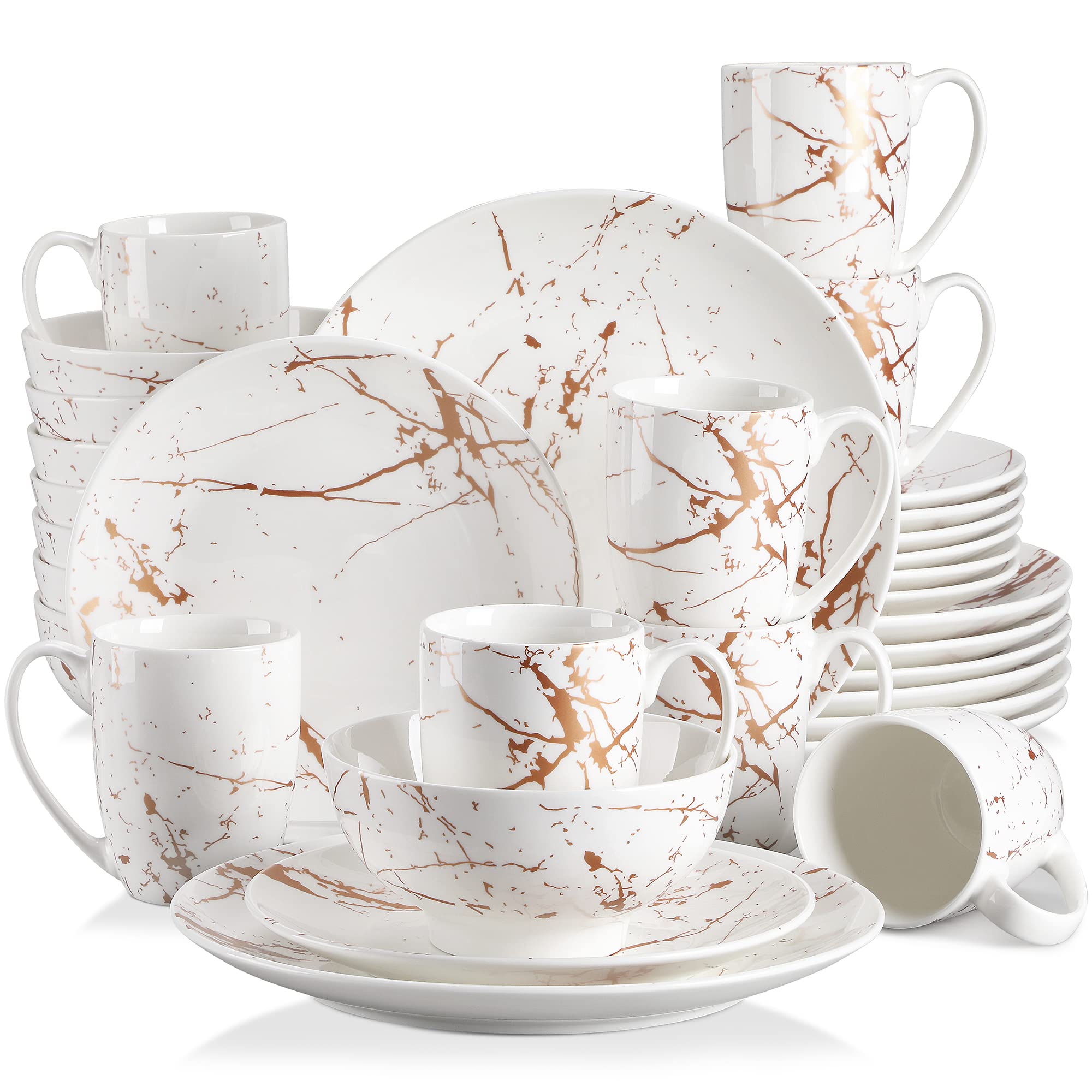 LOVECASA 32-Piece White Porcelain Dinnerware Set with Gold Splash for 8 - Dishwasher & Microwave Safe for Everyday Dining