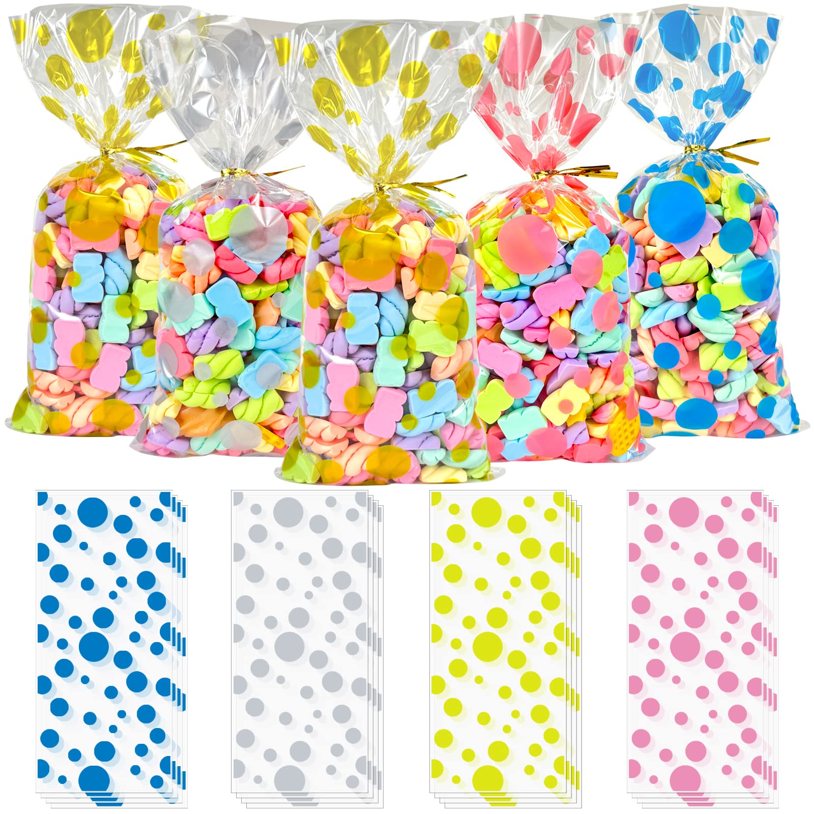100Pcs Polka Dot Cellophane Bags - Clear Plastic Goodie Bags with Twist Ties for Candy, Cookies, Snacks - Party Favor Bags for Birthday, Baby Shower, Wedding - Gift Packaging for Treats & Desserts (4 Colors)