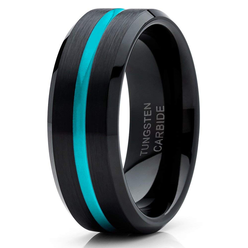 Turquoise Inlay Black Tungsten Wedding Band - 8mm Comfort Fit Engagement Ring for Men & Women - Perfect for Anniversaries, Proposals & Everyday Wear