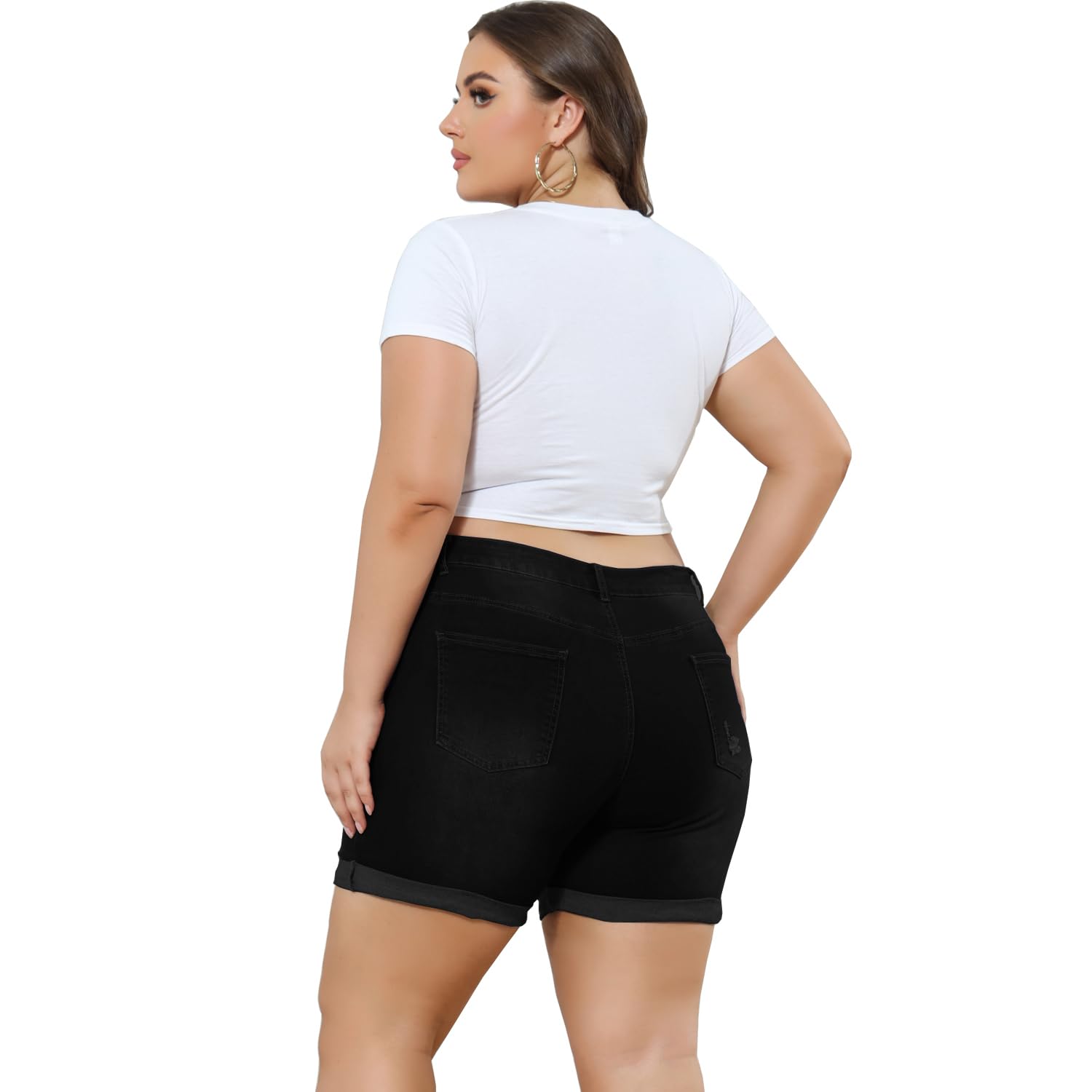 Plus Size Women's Ripped Denim Jean Shorts - High Waisted Stretchy Folded Hem Denim Shorts for Casual Wear & Summer Outfits