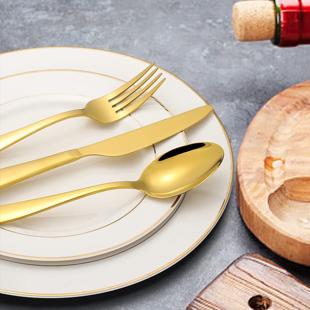 60-Piece Gold Silverware Set, CXJY Premium Stainless Steel Flatware Set Service for 12 - Titanium Gold Plated Cutlery Set with Spoons, Forks & Knives - Mirror Polished, Dishwasher Safe - Perfect for Weddings, Dinner Parties & Luxury Dining