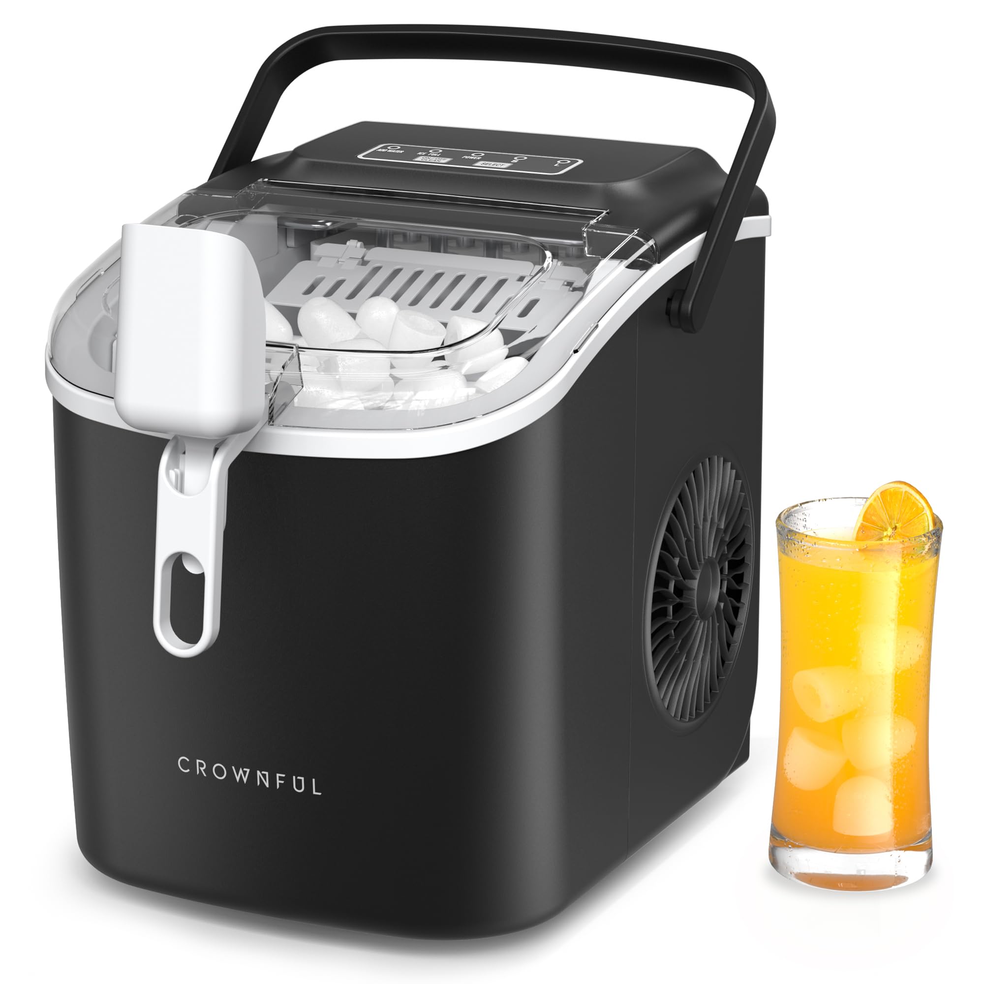 CROWNFUL Portable Countertop Ice Maker Machine - Self-Cleaning with Handle, Scoop & Basket - Makes 9 Bullet Ice Cubes in 6 Minutes, 26lbs/24H - Perfect for Home Kitchen, Office, Bar, Parties & Outdoor Gatherings