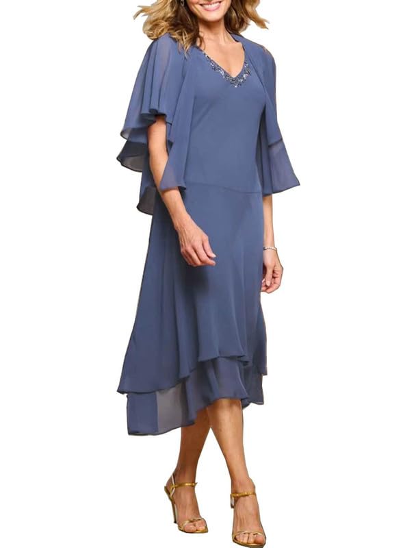 Elegant 2-Piece Tea Length Mother of the Bride Dress Set with Jacket - Long Chiffon Formal Wear for Weddings, Receptions & Special Occasions