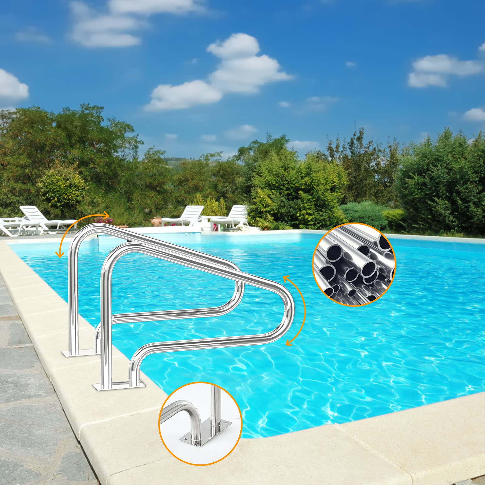 Stainless Steel Pool Handrail for Inground Pools - 2 Pack Safety Railings with Base Plate (46