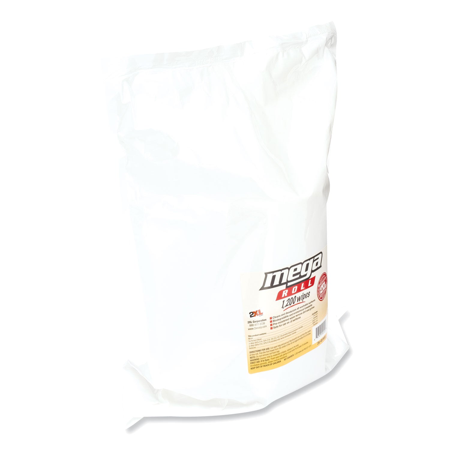 2XL Gym Wipes Mega Roll Refill - 8x8 Inch Unscented White Cleaning Wipes (1200 Wipes/Roll, 2 Rolls/Carton) for Gym Equipment, Yoga Mats & Fitness Gear