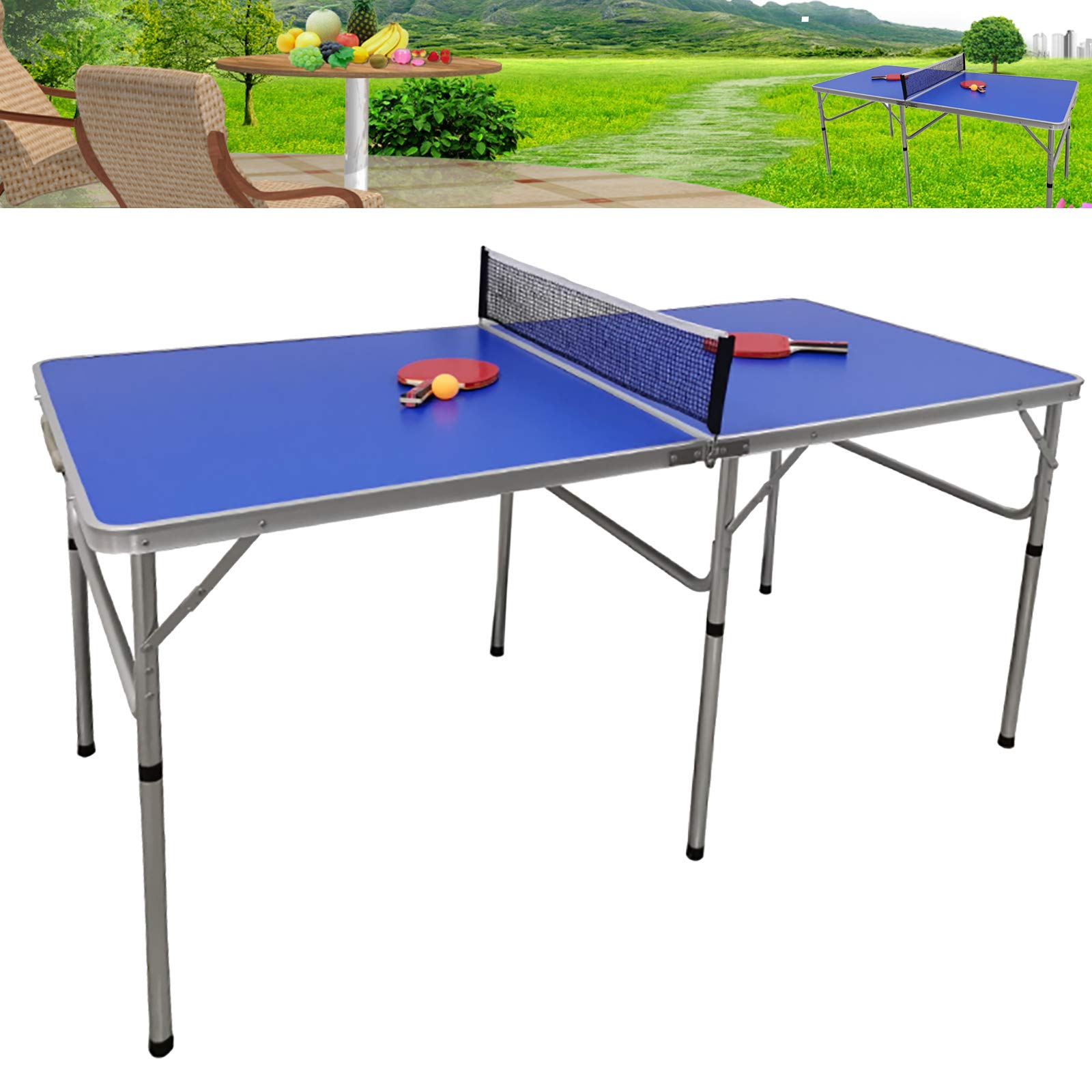 Portable Foldable Ping Pong Table Set with Net, 2 Paddles & 3 Balls - Blue Indoor/Outdoor Tennis Table for Backyard, Garage, Office & Family Game Night | Easy Assembly Compact Design