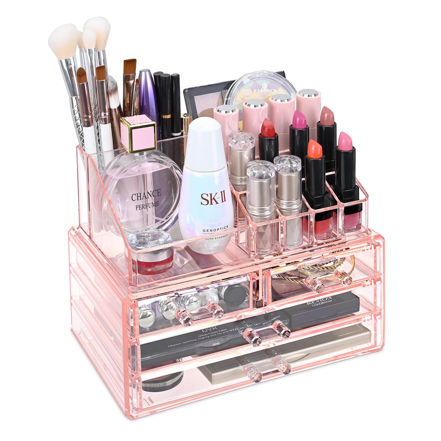 Ikee Design Pink Jewelry & Cosmetic Storage Display Boxes 2-Piece Set - Vanity Organizer Makeup Holder for Necklaces, Rings & Beauty Products | Perfect for Bedroom Dresser, Bathroom Counter & Travel