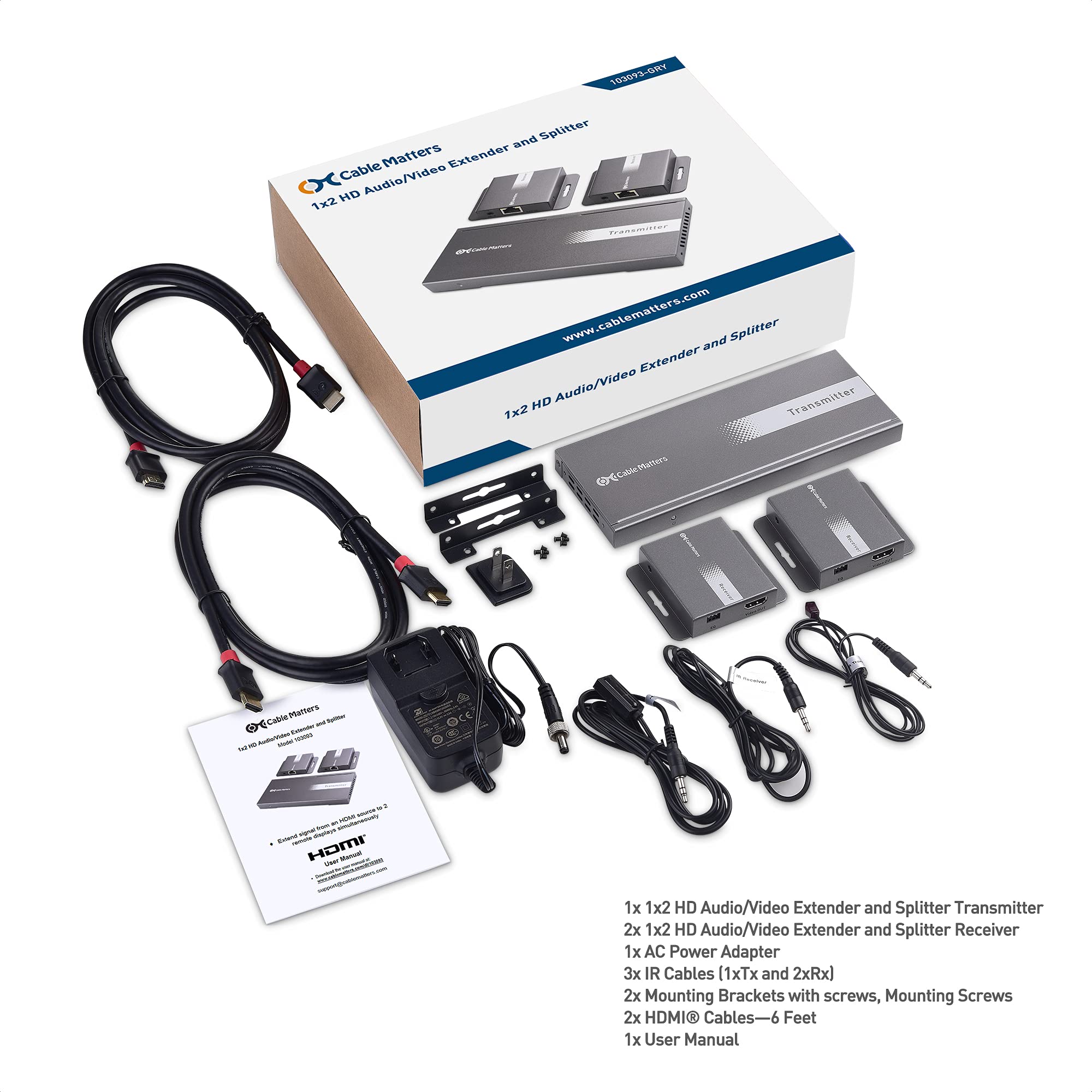 Cable Matters 4K 1x2 HDMI Extender Splitter - 4K HDMI Over Ethernet Extender Kit for 1-to-2 Setups | Supports 4K@60Hz up to 131ft & 1080p@60Hz up to 230ft | Ideal for Home Theater, Gaming & Conference Room Setup