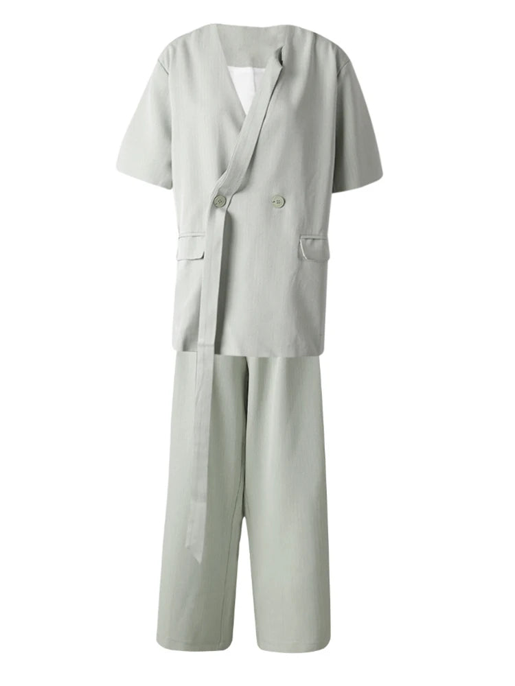 Women's Big Size Green Blazer & Wide Leg Pants Two-Piece Suit - V-Neck Short Sleeve Fashion Set for Spring Summer 2025 (CPG3079) | Office Wear, Business Casual, Wedding Guest Outfit