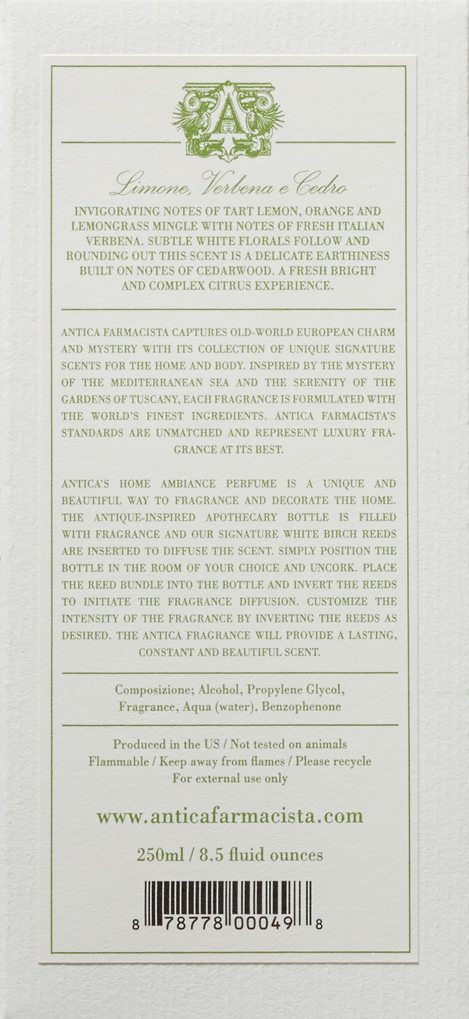 Antica Farmacista Luxury Home Ambiance Diffuser - Verbena & Cedar Scented Aromatherapy Essential Oil Diffuser (8.45 Fl Oz) for Bedroom, Living Room & Office Relaxation