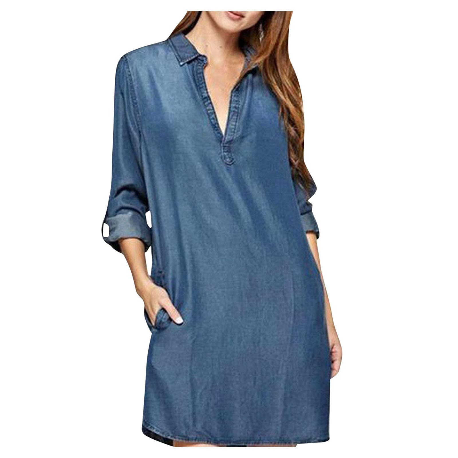 Vintage Washed Blue Denim Shirt Dress for Women - V-Neck Lapel Long Sleeve Casual Chic Outfit for Everyday Wear, Date Night & Office Style