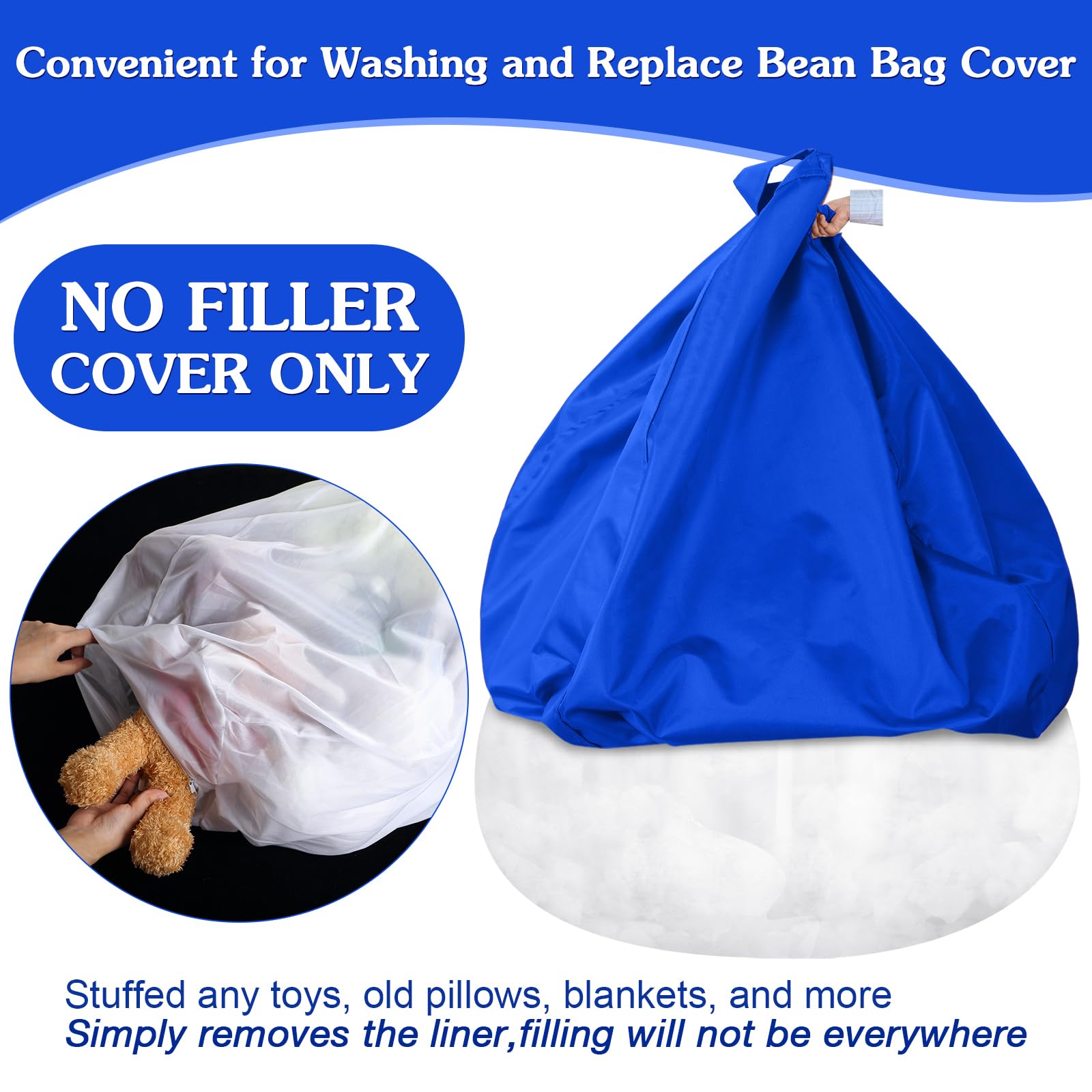 Meonum Stuffed Animal Storage Bean Bag Chair Cover - Washable & Stuffable Zippered Organizer for Plush Toys, Memory Foam (Dark Blue, 61.4