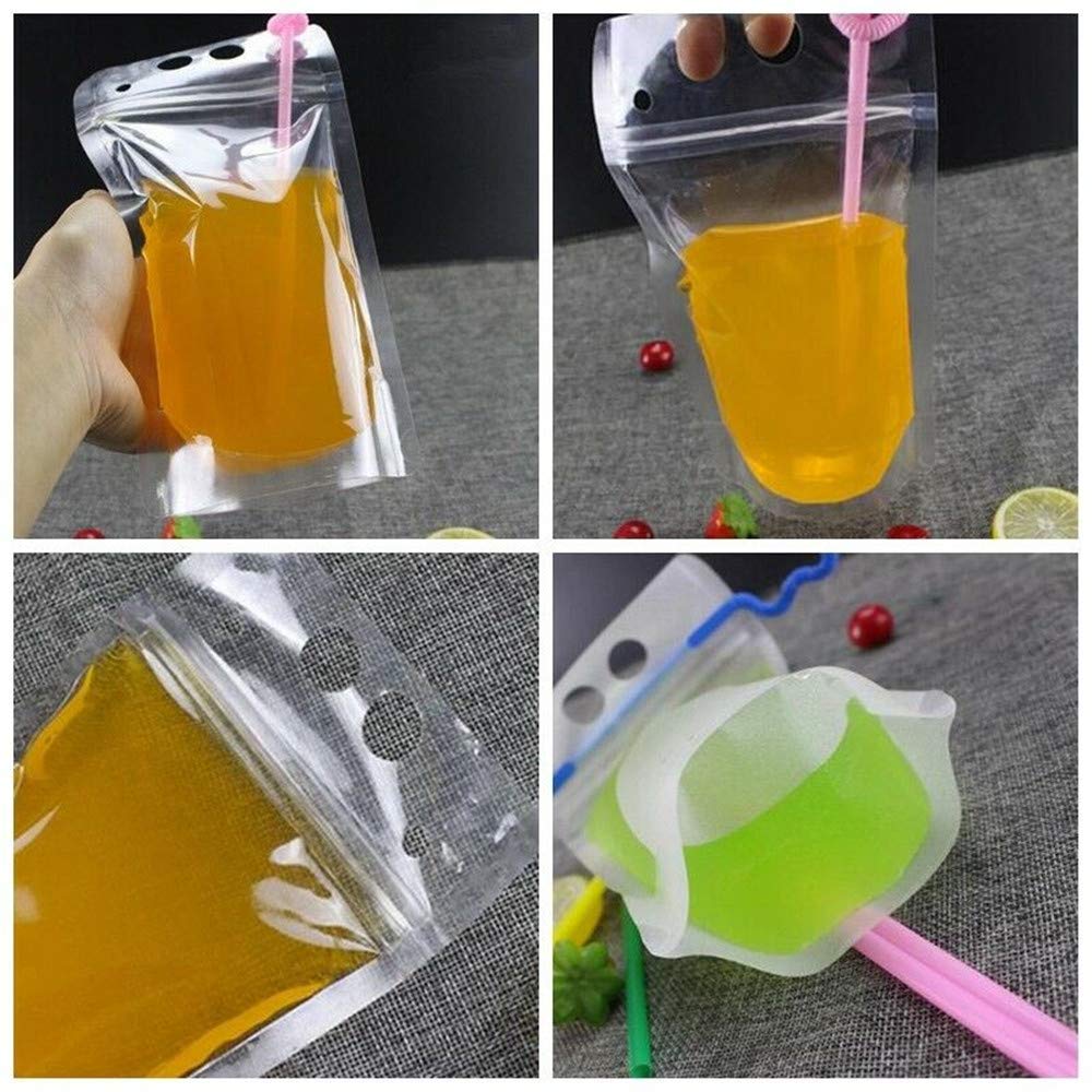 50pcs Reusable Drink Pouches with Colorful Straws - Leakproof Freezer Safe Juice & Water Bags, Transparent Reclosable Zipper Pouches for Kids, Outdoor, Picnics, Camping & Travel