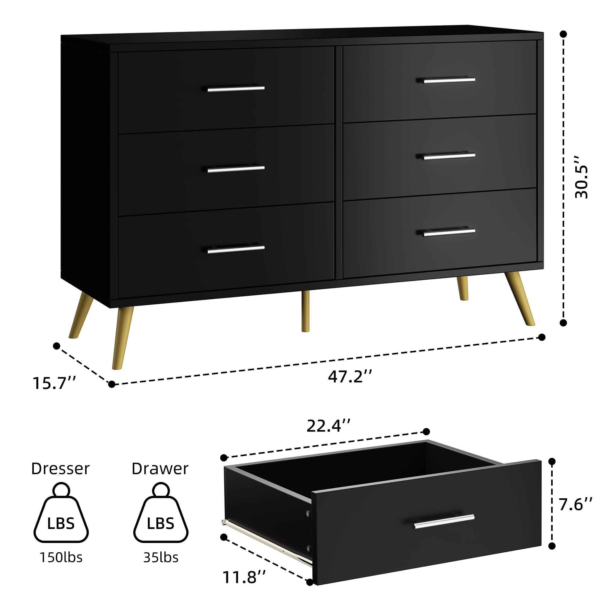 Shintenchi 6-Drawer Dresser - Modern Wide Chest of Drawers with Large Storage, Black Organizer Cabinet for Bedroom, Living Room & Porch | Perfect for Clothes, Toys & Home Organization