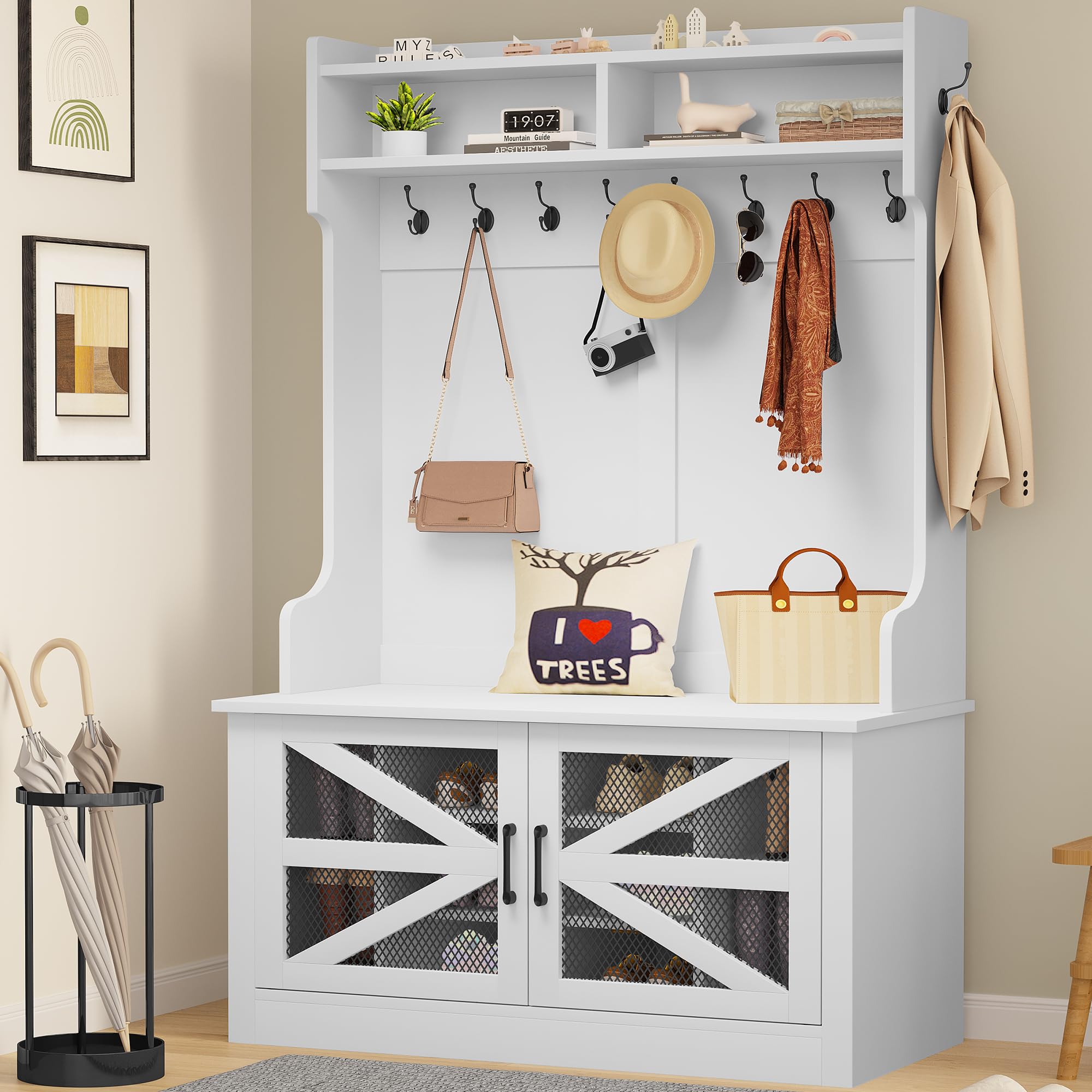 Farmhouse Hall Tree with Coat Rack & Shoe Storage - White Entryway Bench for Hallway Organization | Perfect for Mudroom, Foyer & Home Entry Decor