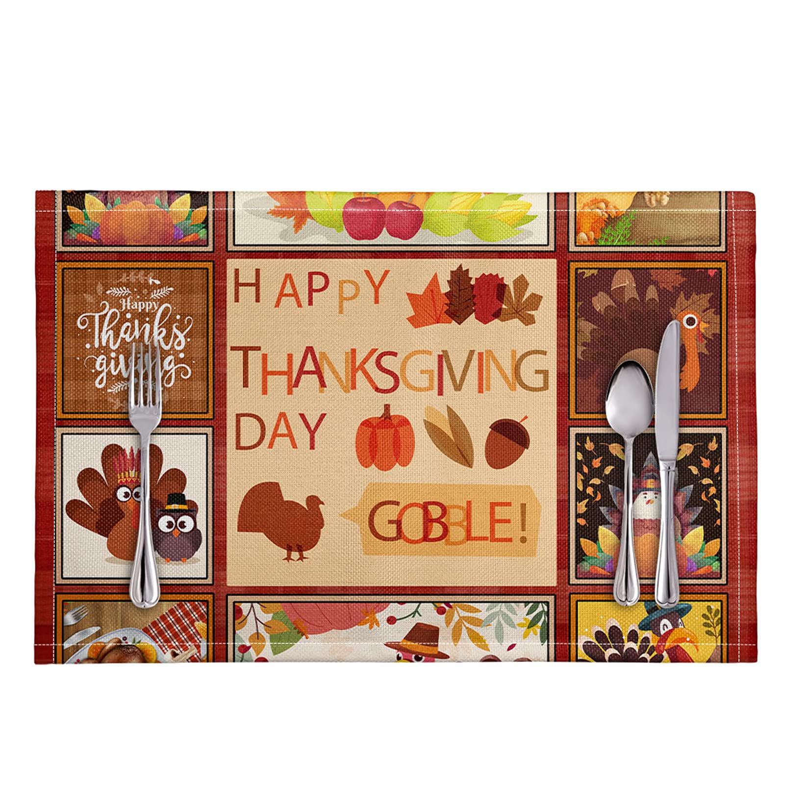 Fall Maple Leaves Thanksgiving Placemats Set of 6 - Washable Turkey & Pumpkin Themed Table Mats for Dining Room & Kitchen Decor | Perfect for Autumn Gatherings, Holiday Dinners & Seasonal Home Decoration