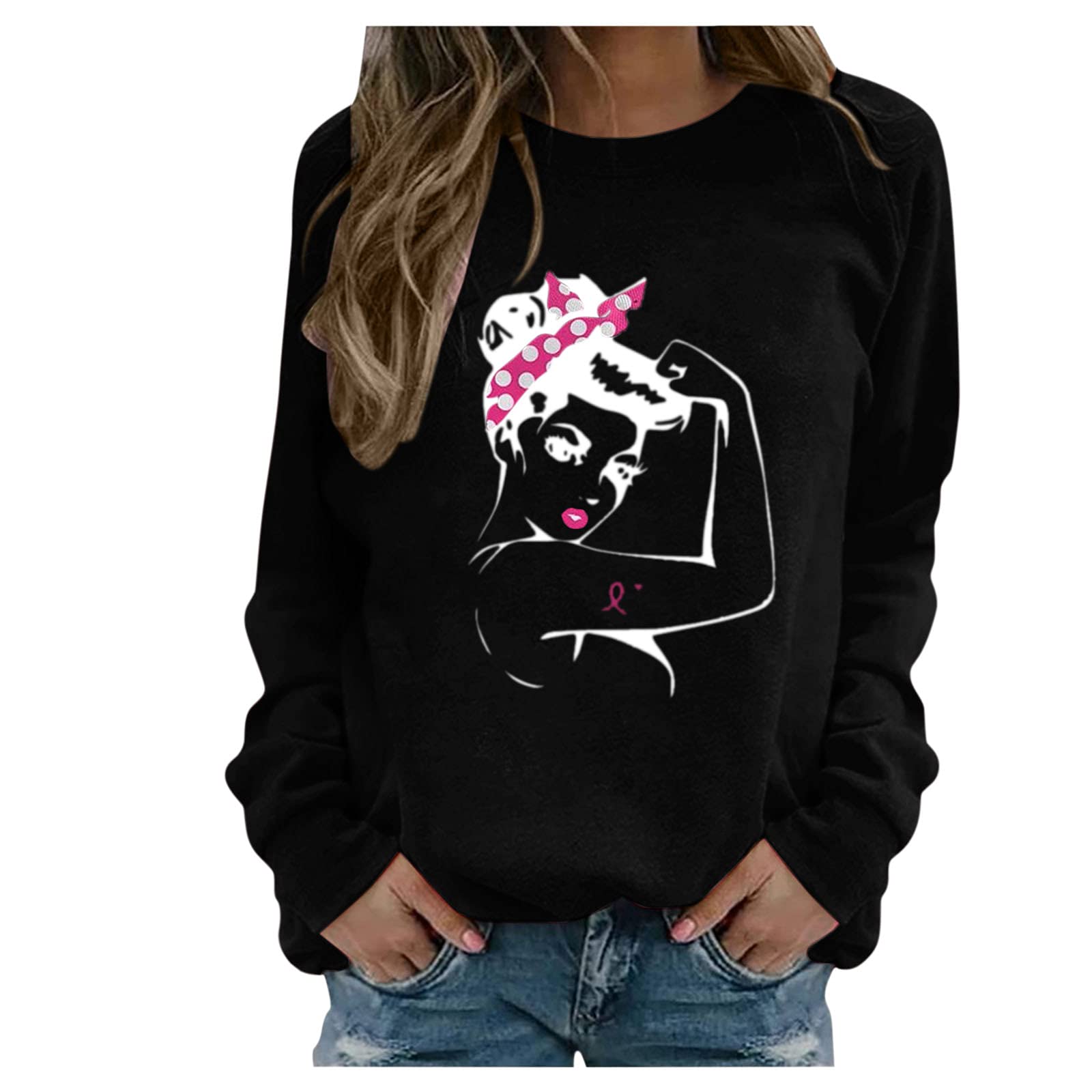 Women's Breast Cancer Awareness T-Shirt - Long Sleeve Inspirational Sweatshirt with Letter Print, Loose Fit Tunic Top for Survivors & Supporters | Comfortable Casual Wear for Fundraisers, Walks & Everyday Encouragement