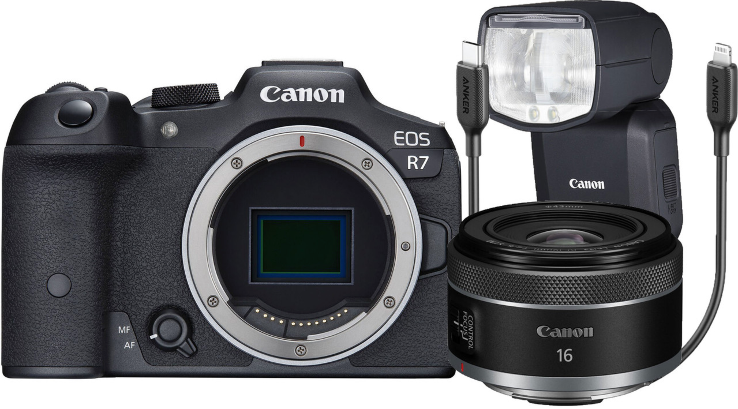 Canon EOS R7 Mirrorless Camera Bundle with RF 16mm f/2.8 STM Lens, EL-5 Speedlite & Anker USB-C Cable - Perfect for Travel, Vlogging & Professional Photography