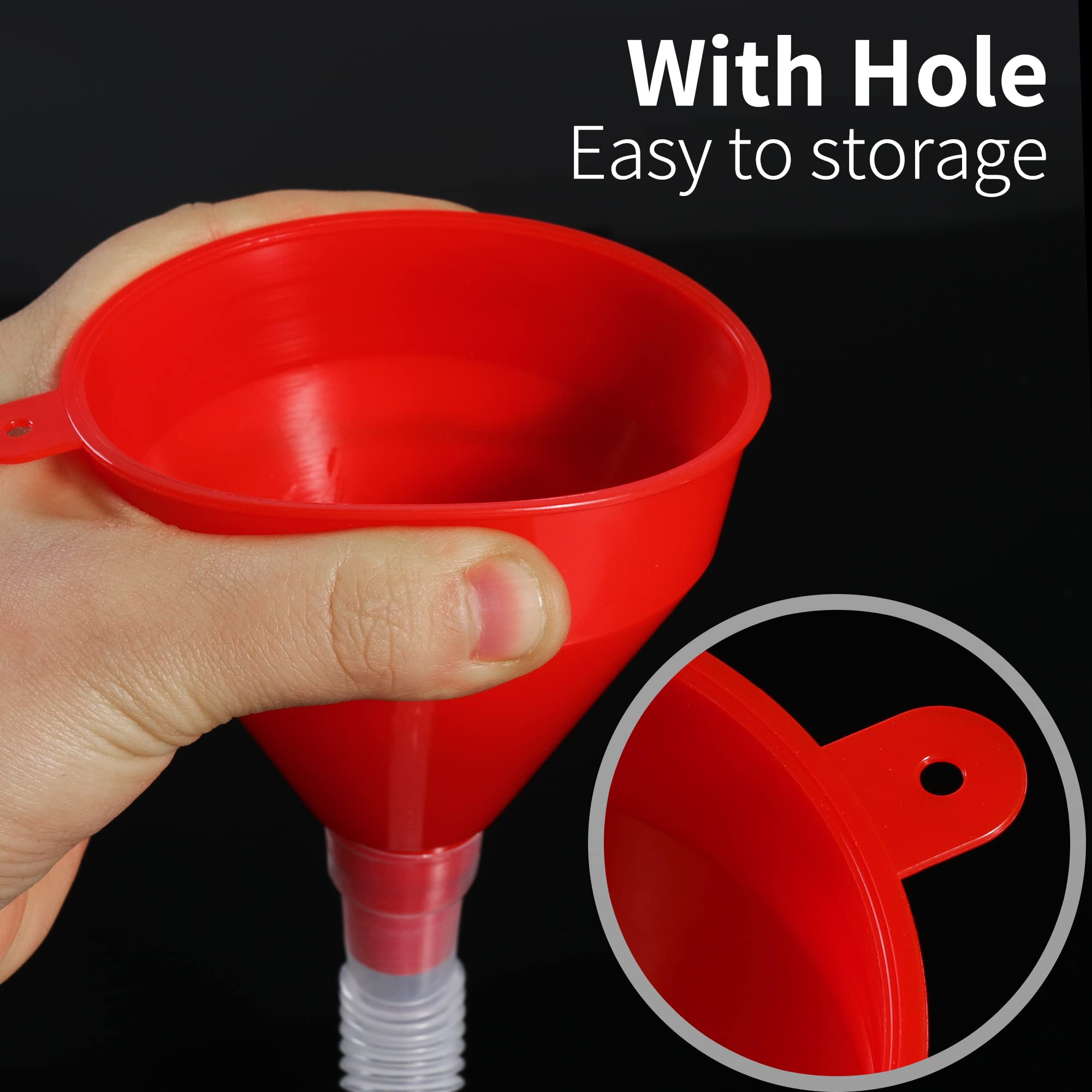 Flexible Fuel Funnel with Long Hose - Plastic Small Wide Mouth Filling Funnel for Engine Oil, Gas, Gasoline, Diesel, Water & Transmission Fluid - Perfect for Cars, Trucks & Motorcycles (Red, 1-Pack)
