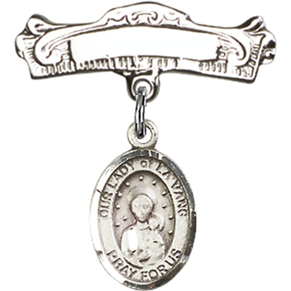 7/8 X 7/8 Inch Sterling Silver Baby Badge with Our Lady of La Vang Charm - Polished Arched Pin for Christening, Baptism & First Communion Gifts