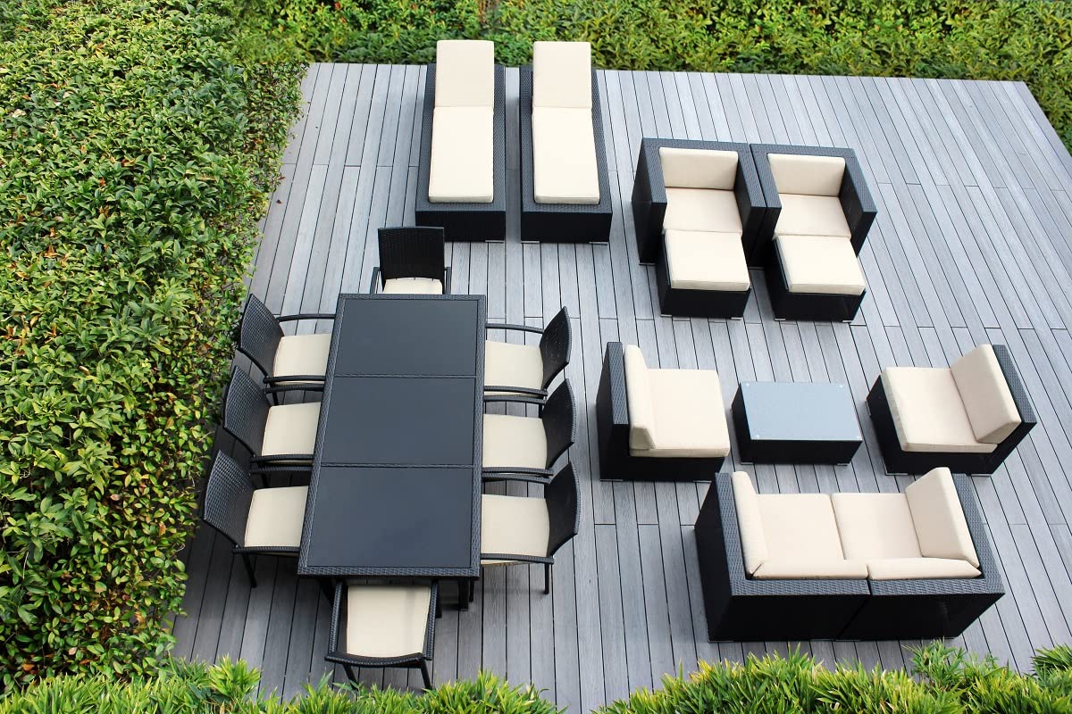 Ohana 20-Piece Outdoor Patio Furniture Set - Black Wicker Sofa, Dining Table & Chaise Lounge with Beige Cushions - Includes Free Patio Cover - Perfect for Backyard, Poolside & Garden Relaxation