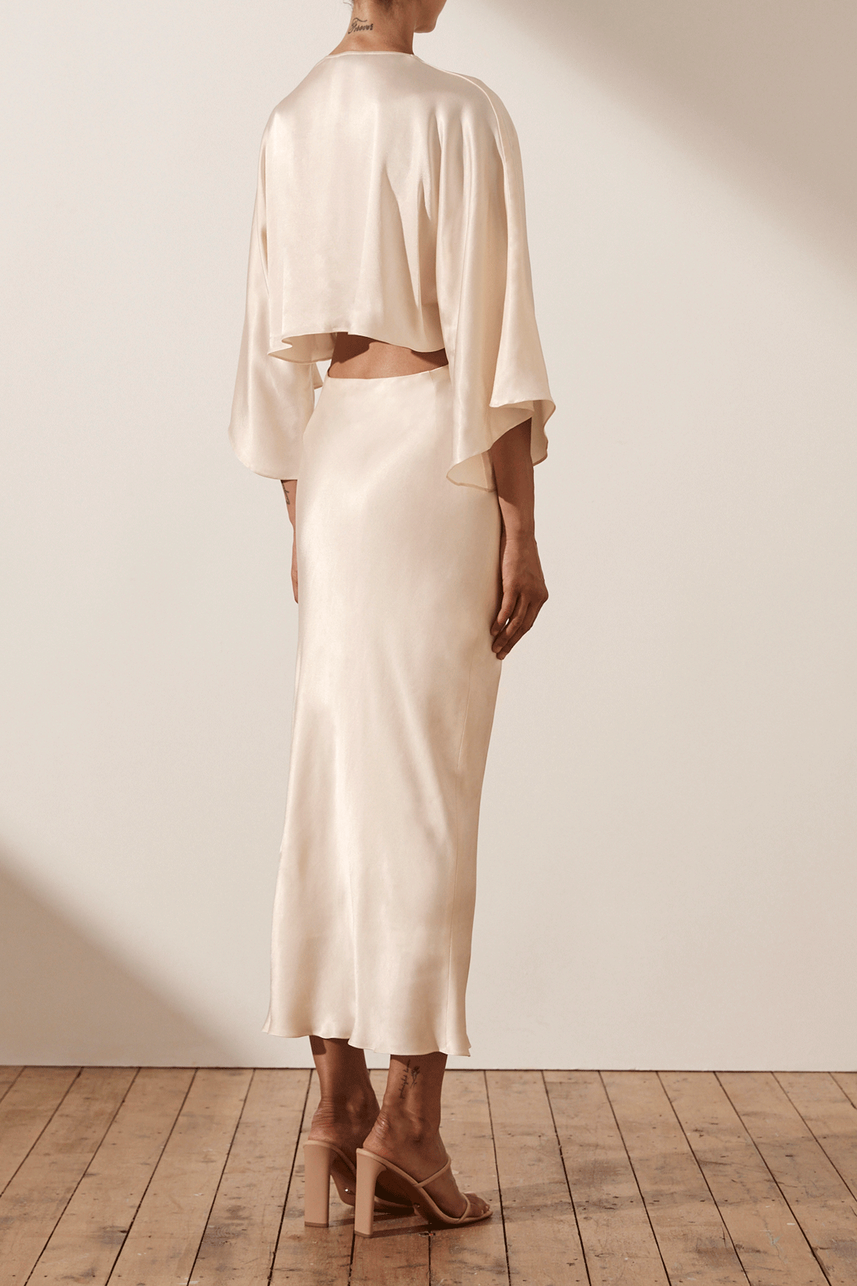 LA LUNE Tie Front Bias Cut Midi Dress in Cream - Elegant Summer Wedding Guest Dress & Casual Brunch Outfit