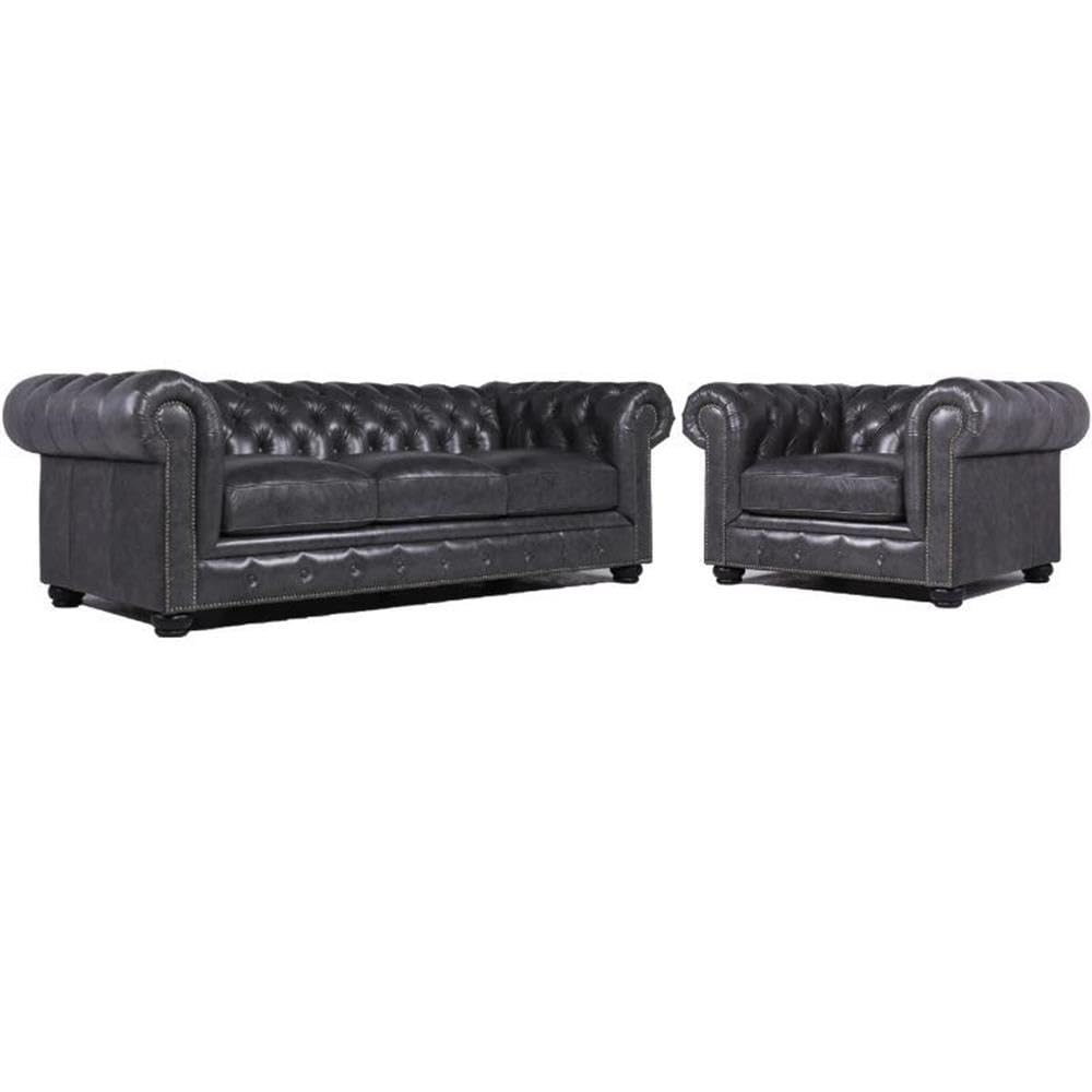 Home Square 2-Piece Gray Leather Chesterfield Accent Chair and Sofa Set - Perfect for Living Room, Office, or Study Decor