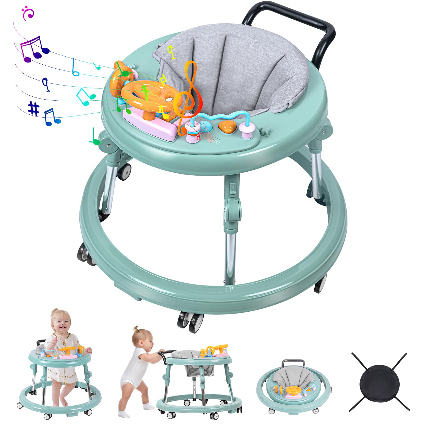Foldable 9-Speed Adjustable Baby Walker with Wheels & Music - Anti-Slip Foot Pads for Boys & Girls 6-24 Months | Safe Learning Walker for First Steps | Perfect for Home Play & Early Walking Development