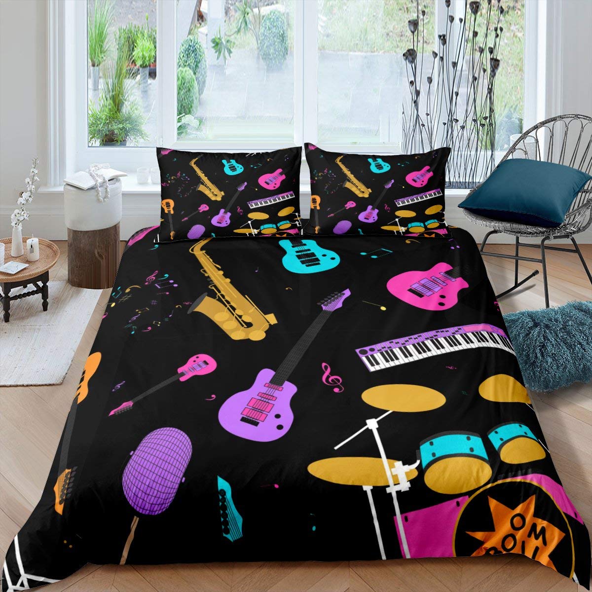 Erosebridal Music Notes Bedding Set - Guitar, Saxophone, Drum & Piano Duvet Cover for Kids, Teens & Adults | Rock Music Comforter Cover in Hip Hop & Grunge Style | Twin Size Black Bedding for Music Lovers' Bedroom Decor
