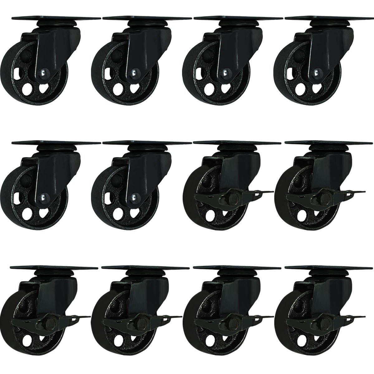 FactorDuty 12 Heavy Duty All Black Metal Swivel Plate Caster Wheels with Brake Lock - 3