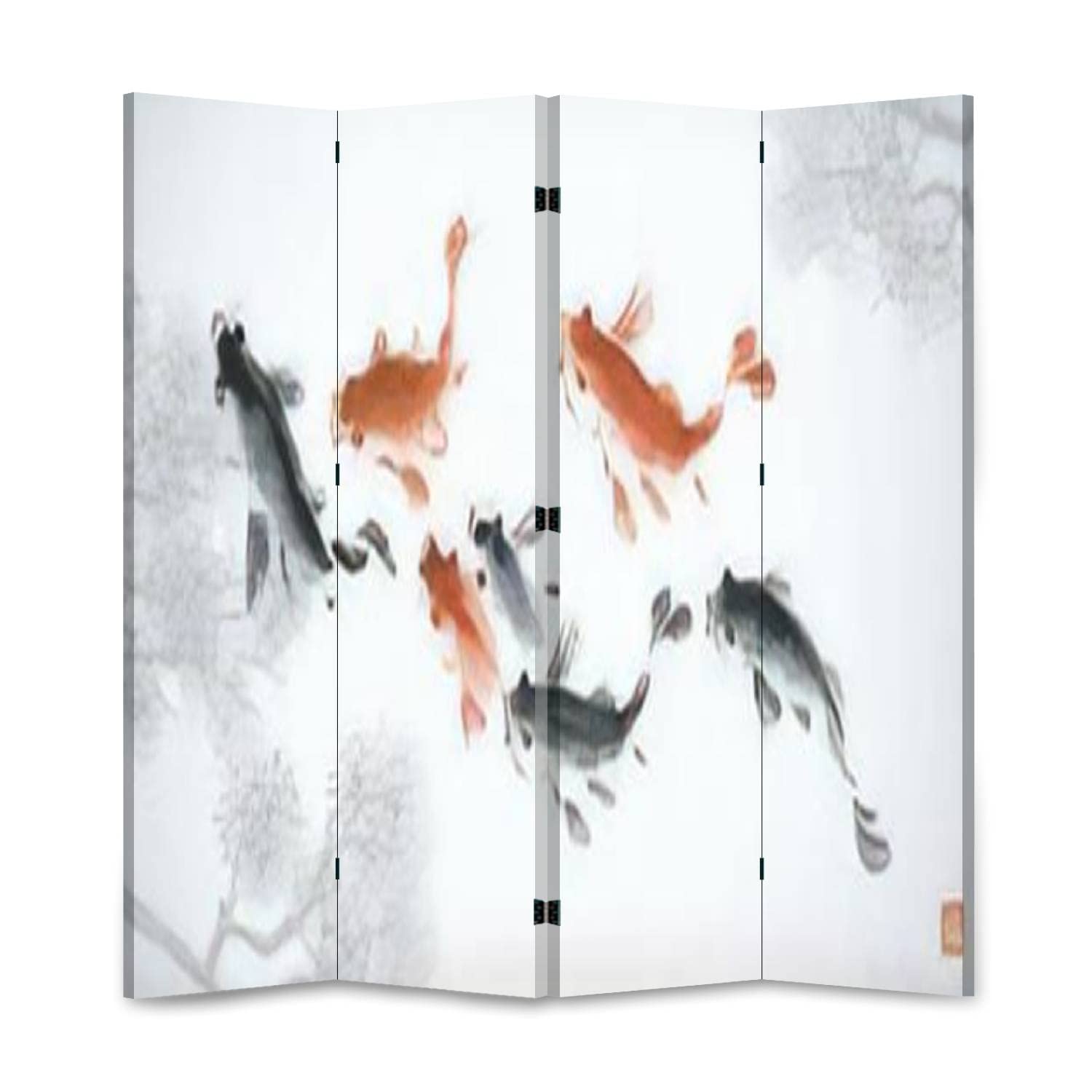 4 Panel Wooden Room Divider with Pine Tree Branches Oriental Ink Painting - Double Sided Canvas Folding Privacy Screen for Home, Office & School | Traditional Asian Style Partition Wall & Display Panel