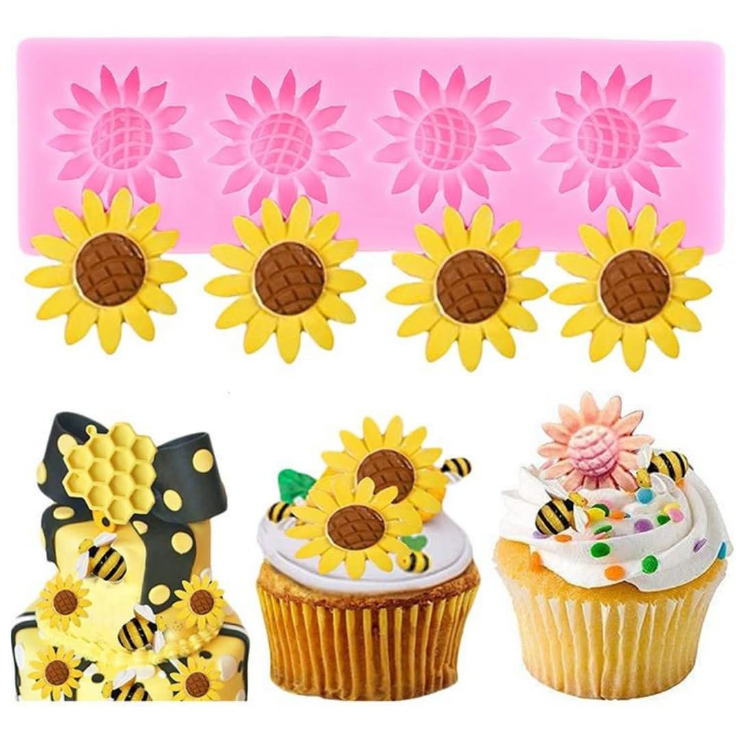 Premium Daisy & Sunflower Silicone Fondant Molds - 4 Cavity Chocolate, Cookie, Cupcake, Candy Mold for Baking, Cake Decorating, Gummy, Jelly, Resin & Polymer Clay Crafts - Perfect for Baby Showers, Wedding Cakes & DIY Home Baking Projects